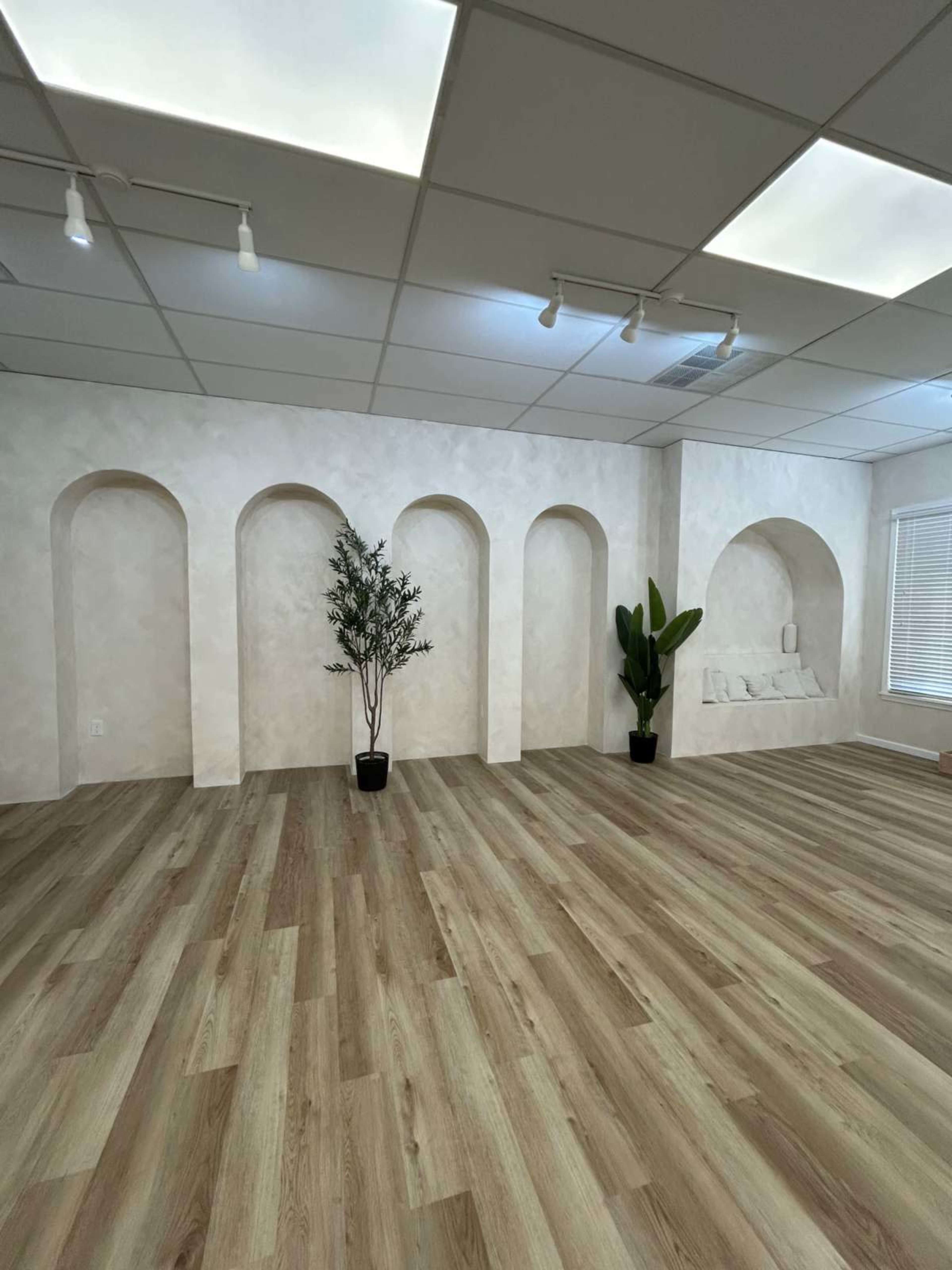 The image shows a minimalist interior space with light-colored walls, wooden flooring, and arched alcoves featuring potted plants.