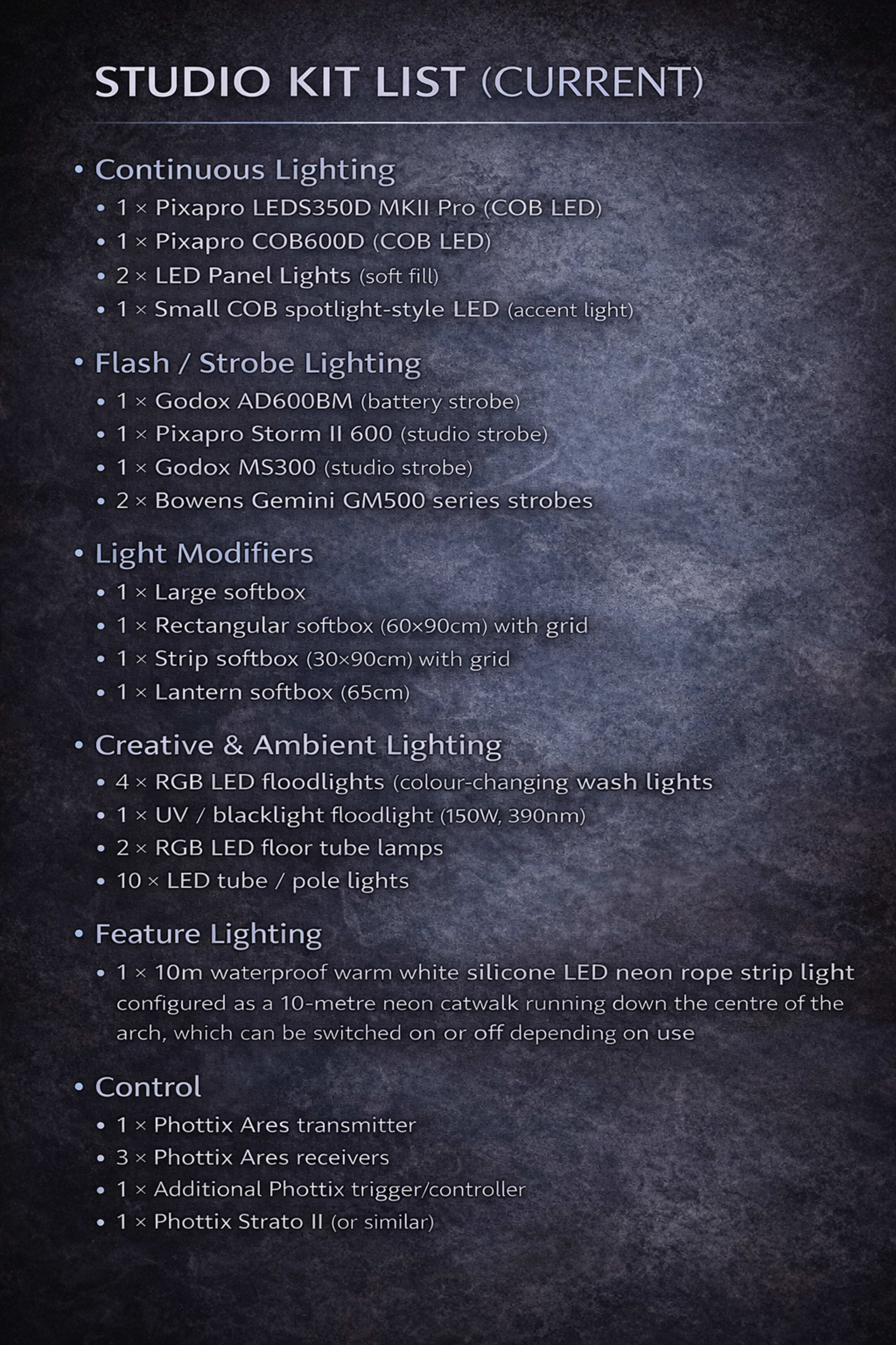 The image displays a detailed studio kit list featuring various lighting equipment, modifiers, and control devices organized into categories.