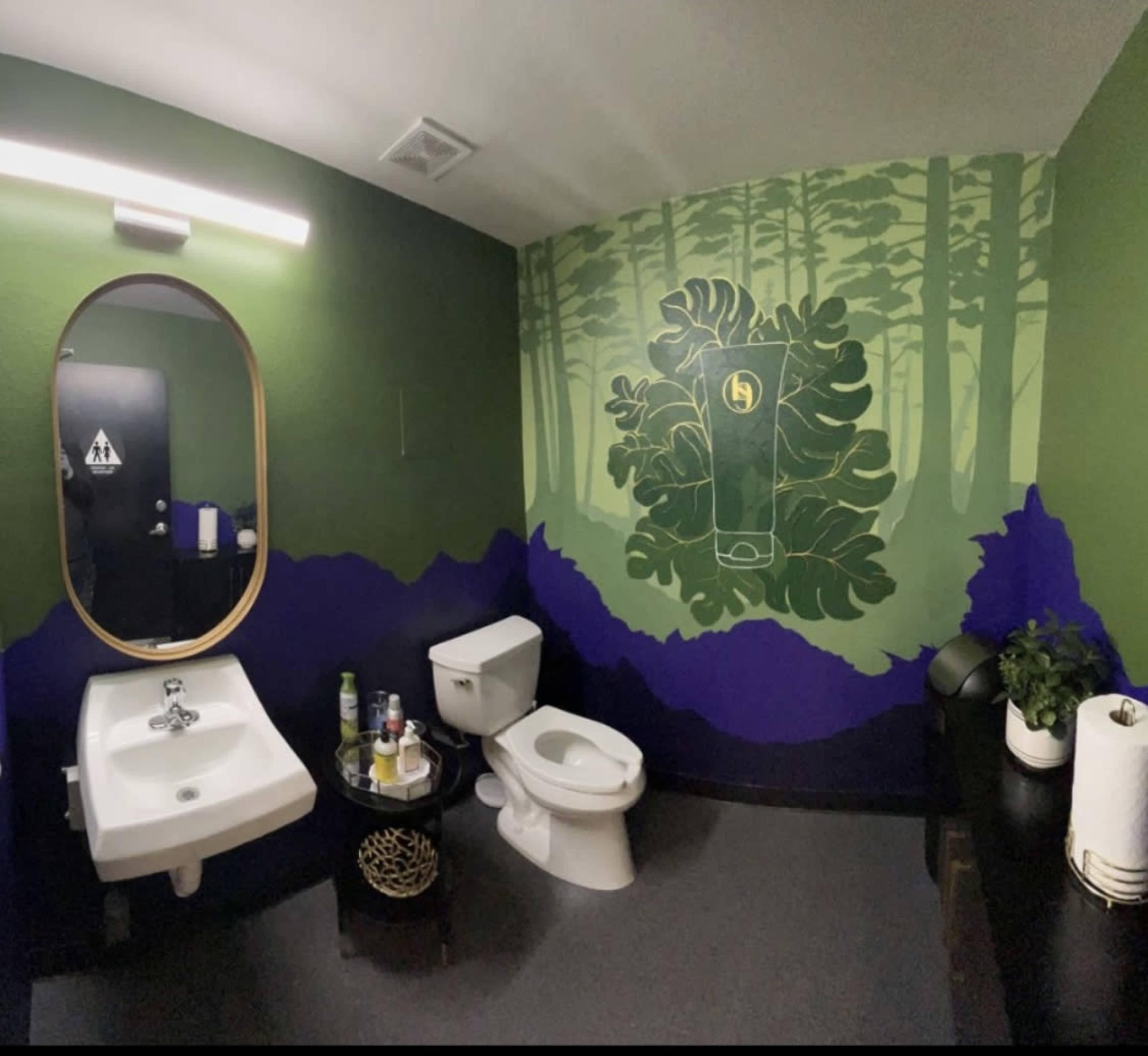 The image shows a bathroom with a green and purple mural on the walls, a round mirror, a sink, a toilet, and a small plant.