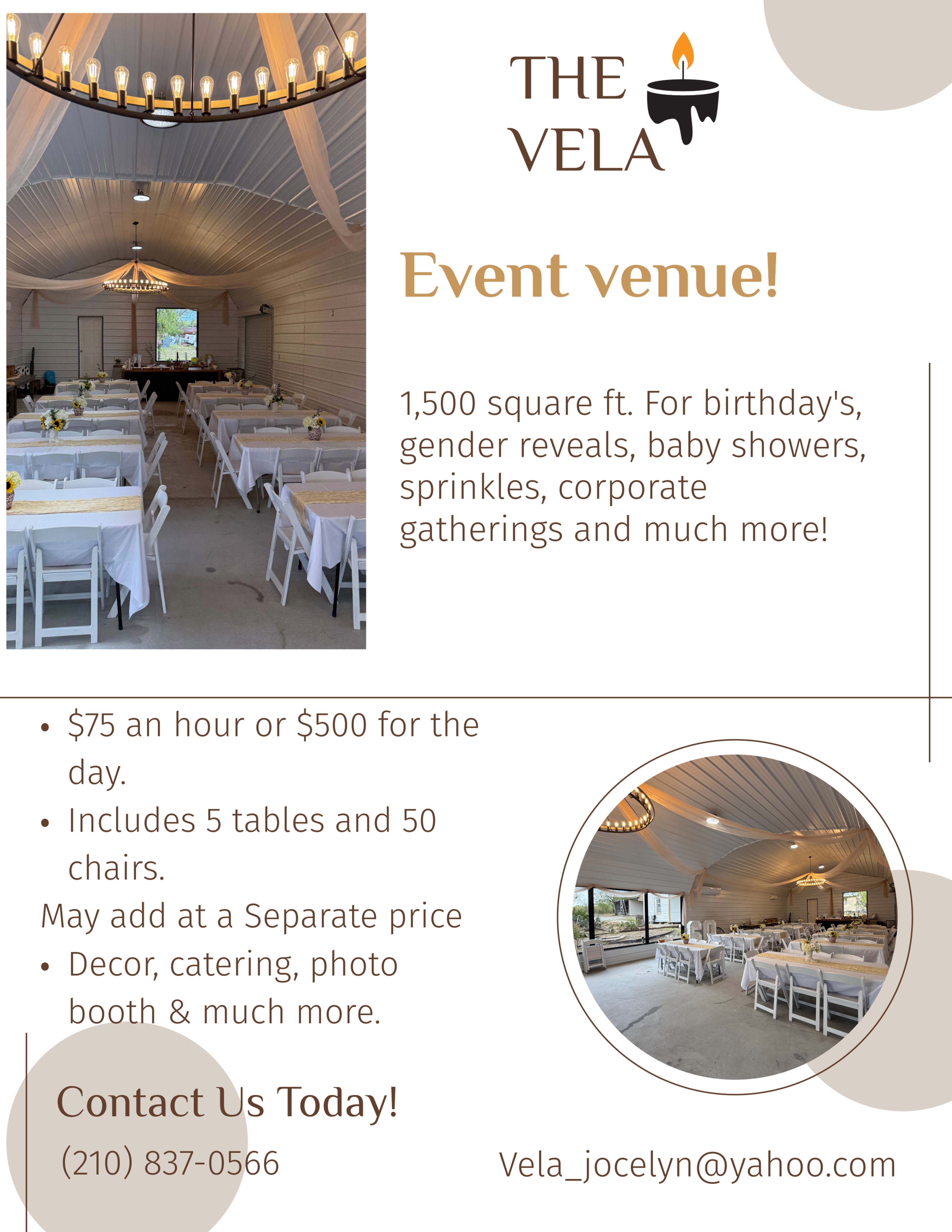 The image features a promotional flyer for "The Vela," an event venue with a spacious interior arranged with tables and chairs for gatherings.