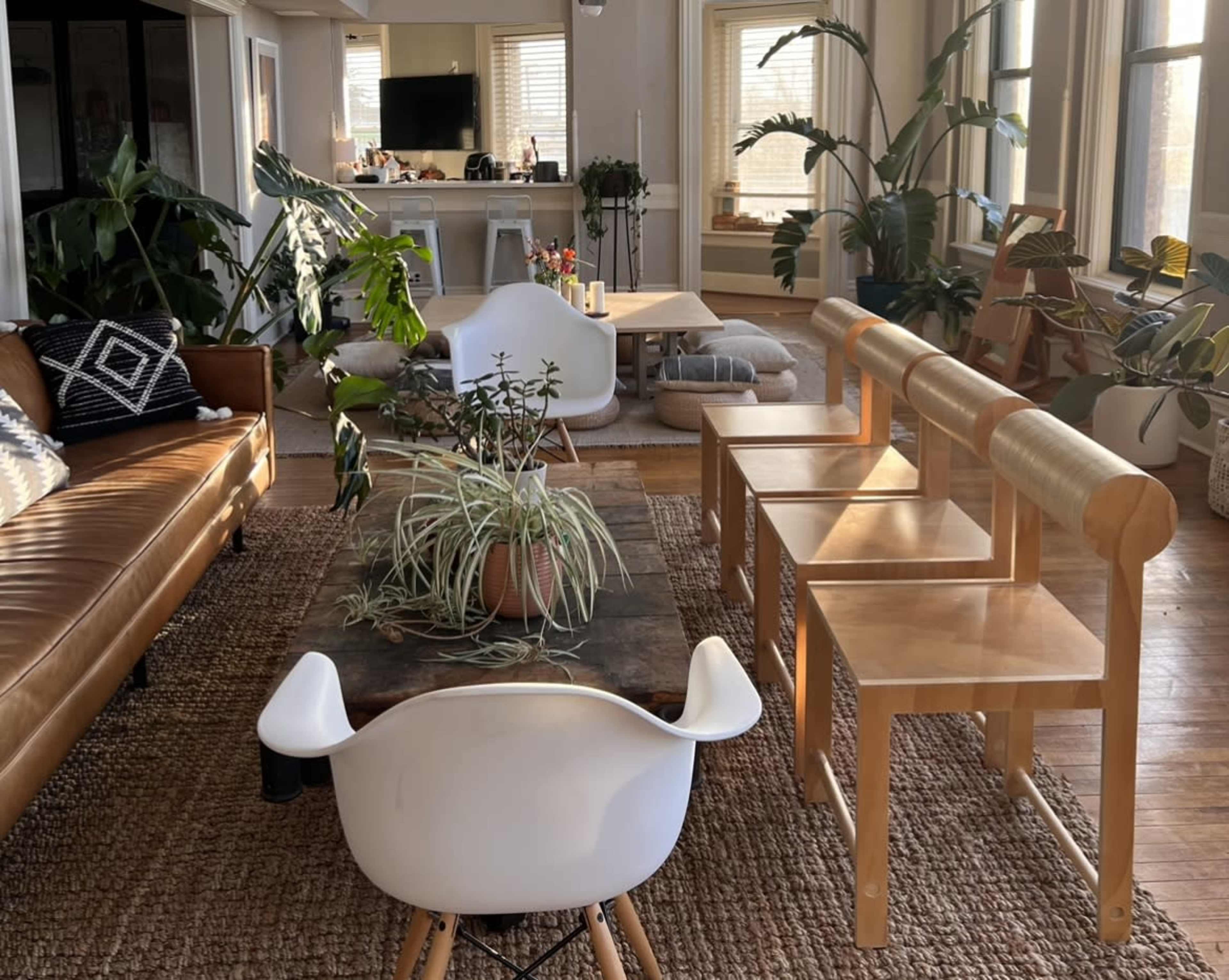 A modern living space featuring a leather sofa, wooden chairs, a coffee table with plants, and large windows letting in natural light.