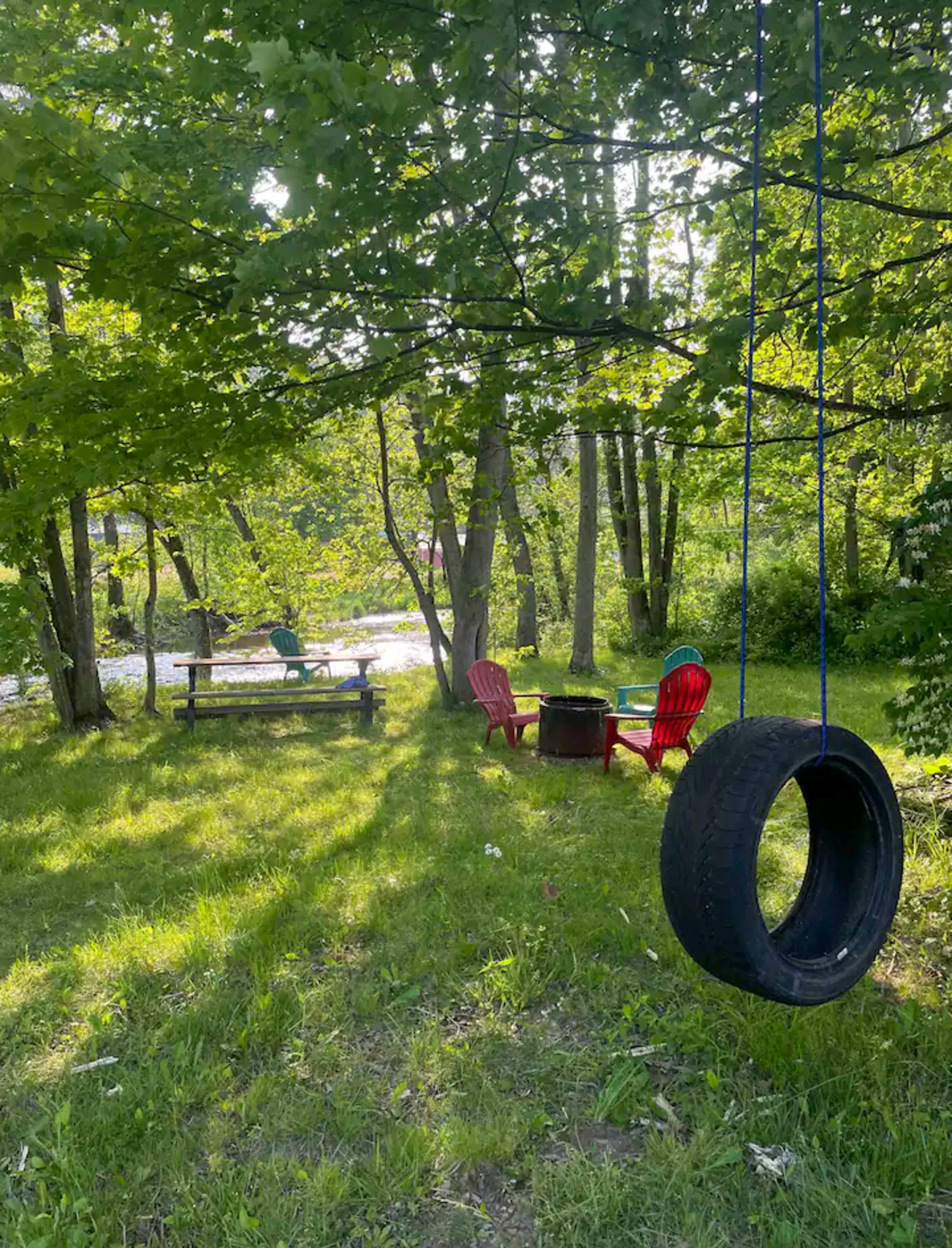 A tire swing hangs from a tree near a fire pit and red chairs beside a tranquil riverbank.