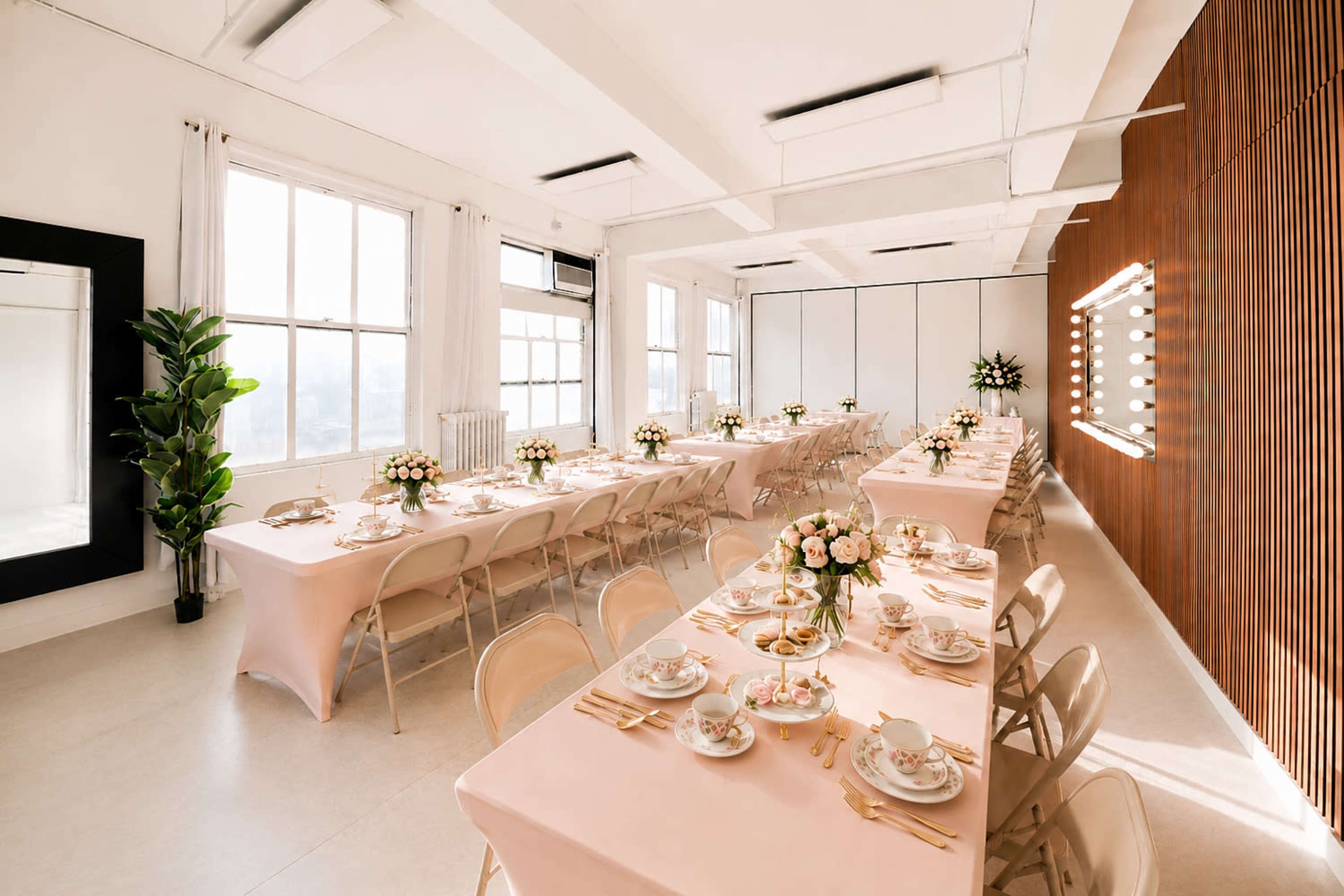 The image shows a well-lit event space with long tables covered in pale pink tablecloths, adorned with floral centerpieces, and set with elegant dishware.
