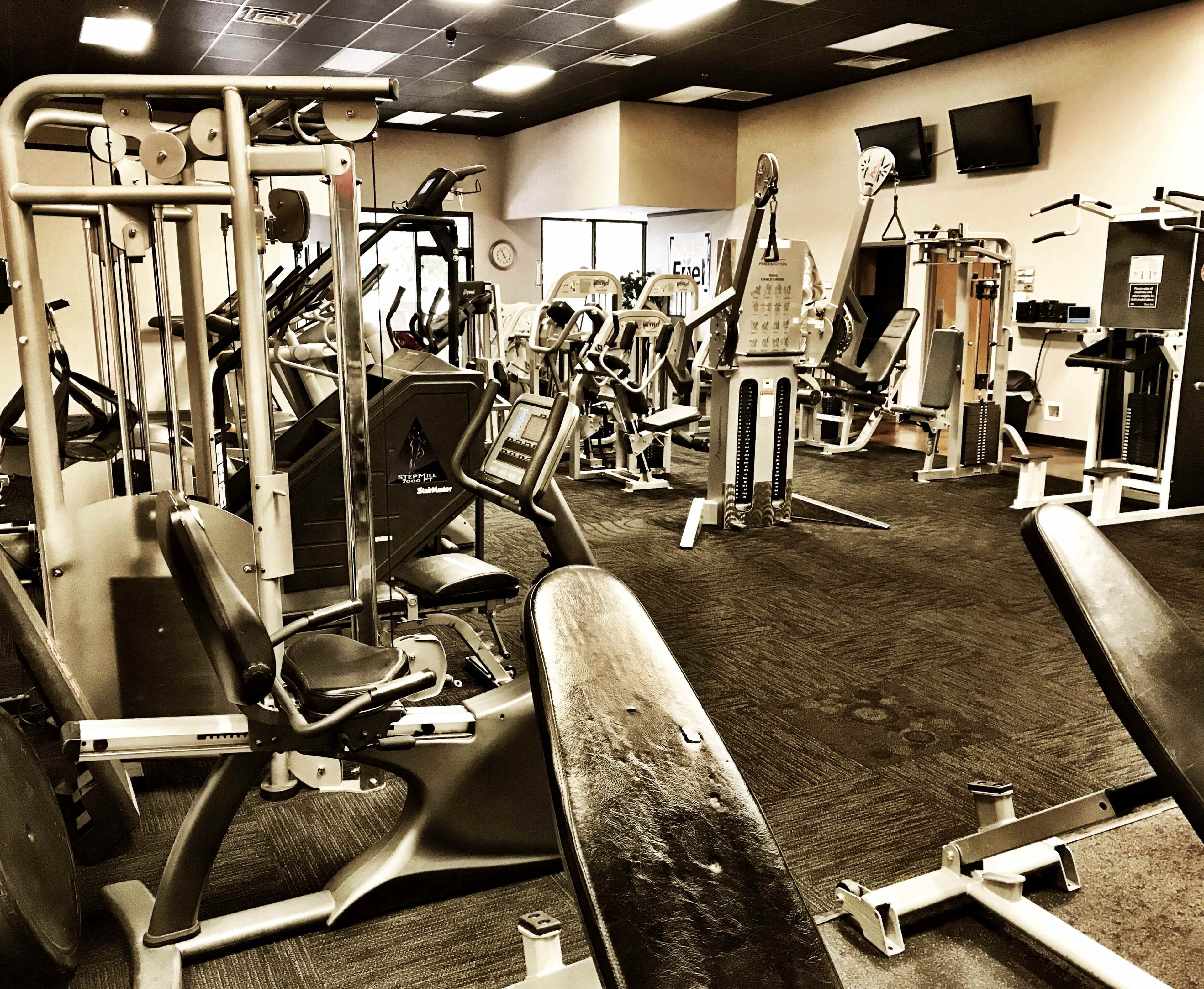 A gym interior filled with various exercise machines and equipment arranged in a spacious layout.