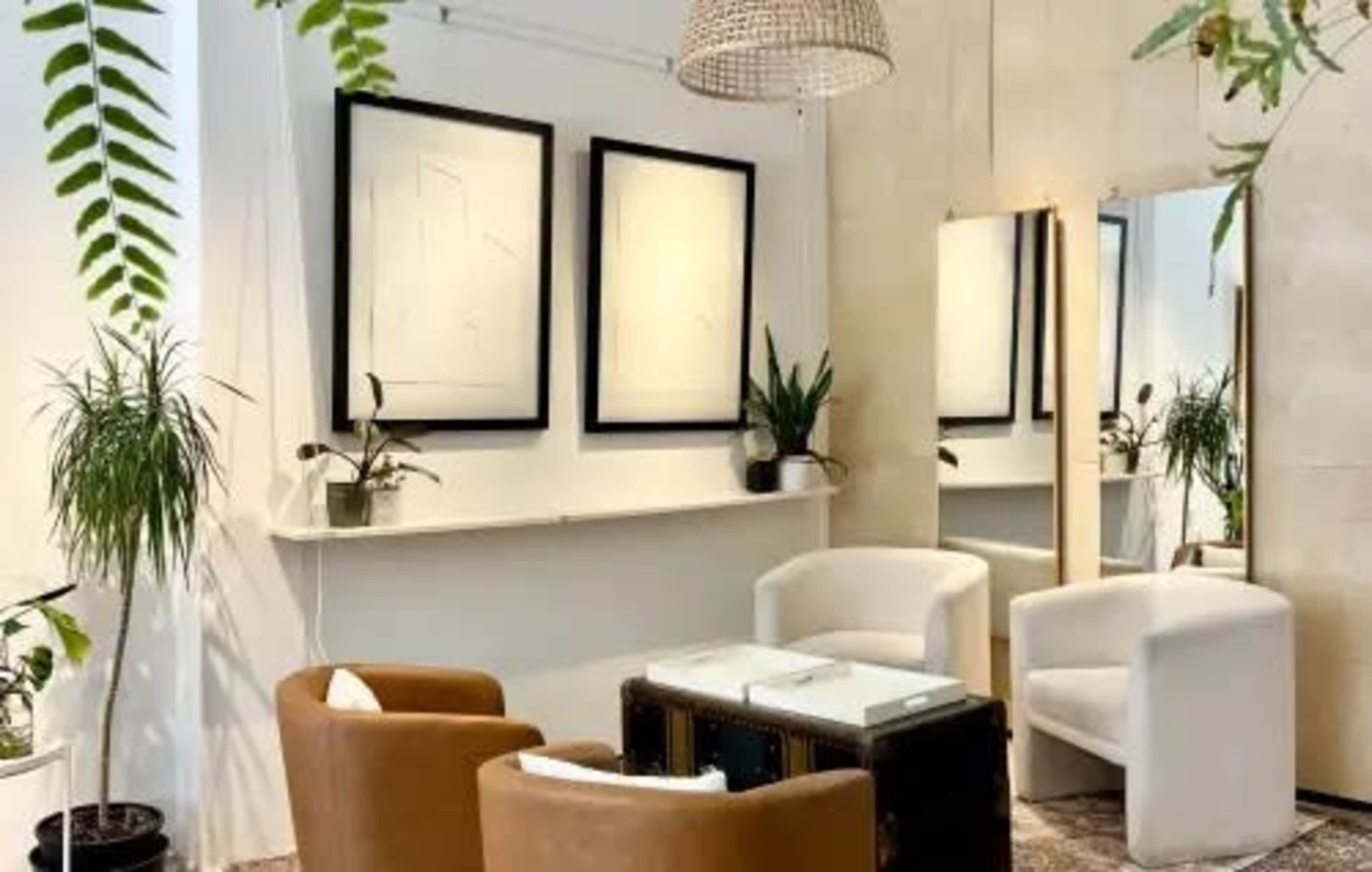 The image shows a modern interior space featuring two armchairs, a coffee table, a mirror, and houseplants on a shelf against a light wall, with abstract art framed on display.