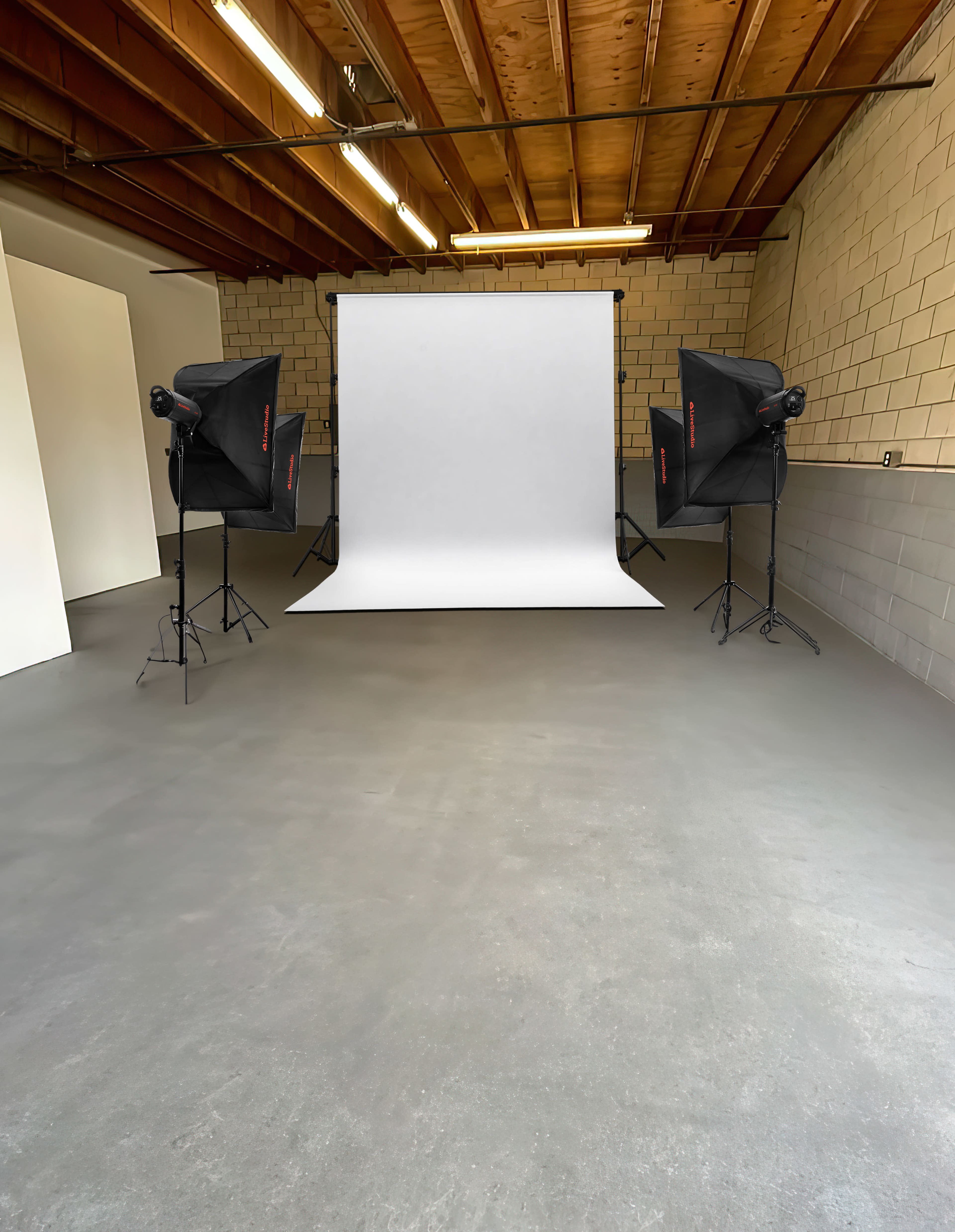 A photography studio with a white backdrop set up between two light sources in an empty space.