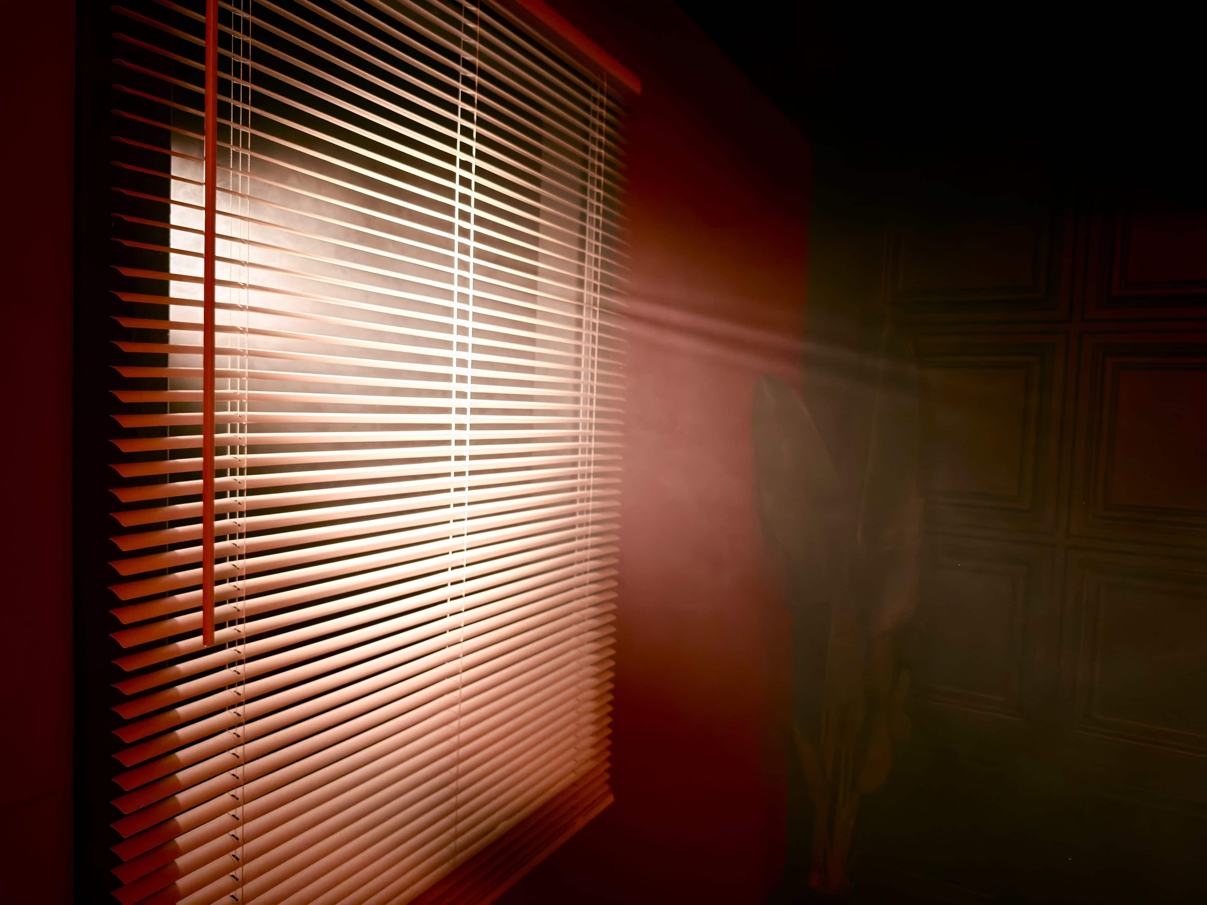 A window covered with blinds casts filtered light and shadows into a dimly lit room.