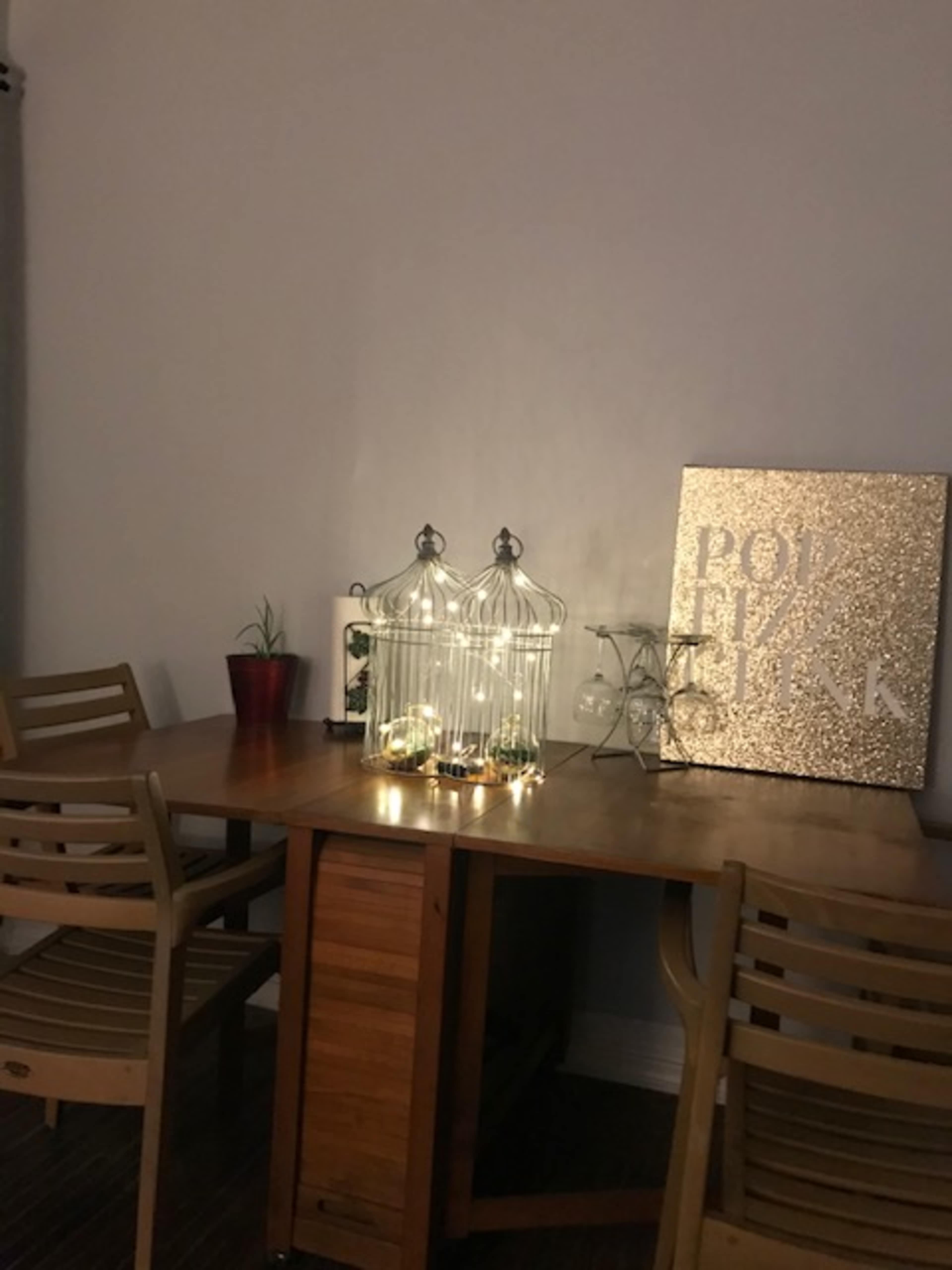 A wooden table with two chairs, surrounded by indoor plants and featuring a decorative birdcage with lights and a glittering wall art piece.