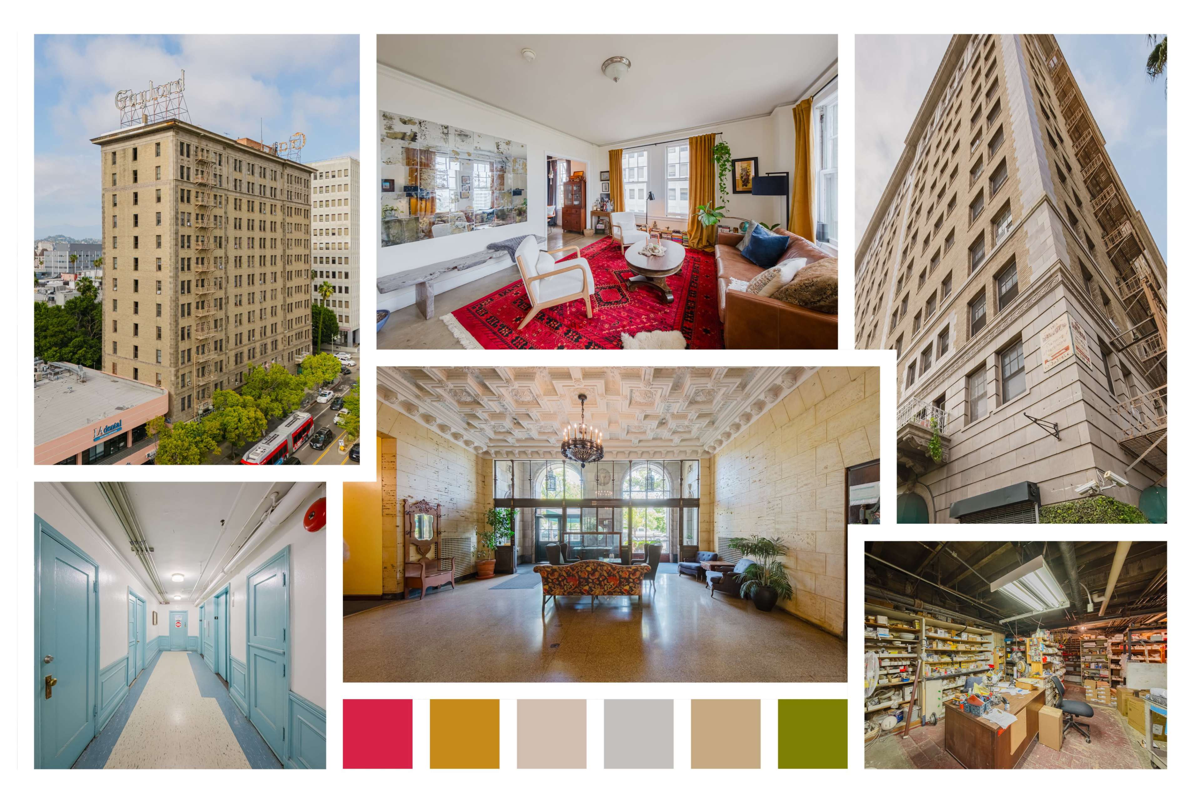 The image features a collage of various scenes from a historic building, including its exterior, lobby, corridors, and a well-furnished living area.