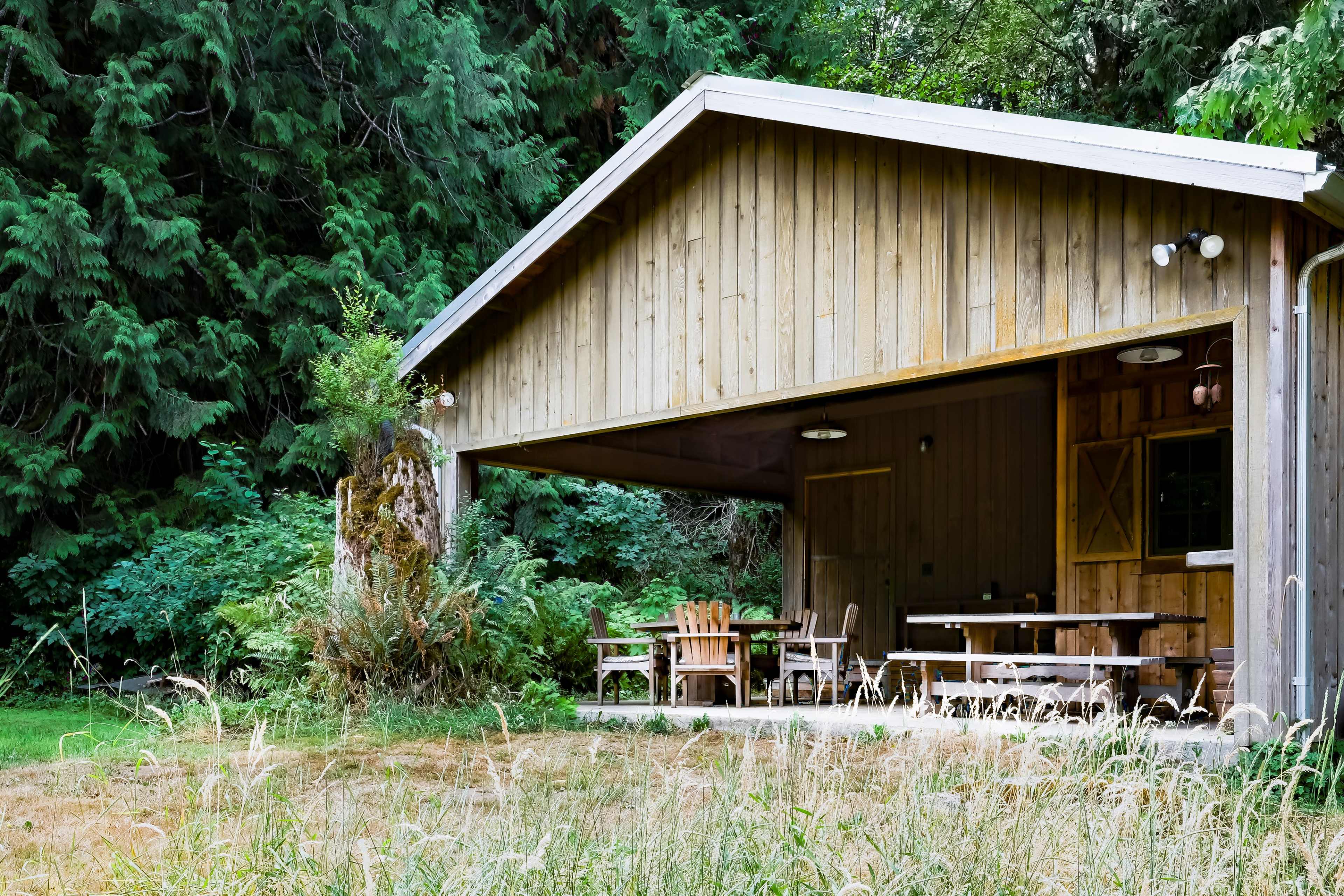 A wooden cabin with an open porch is surrounded by tall green trees and grass.