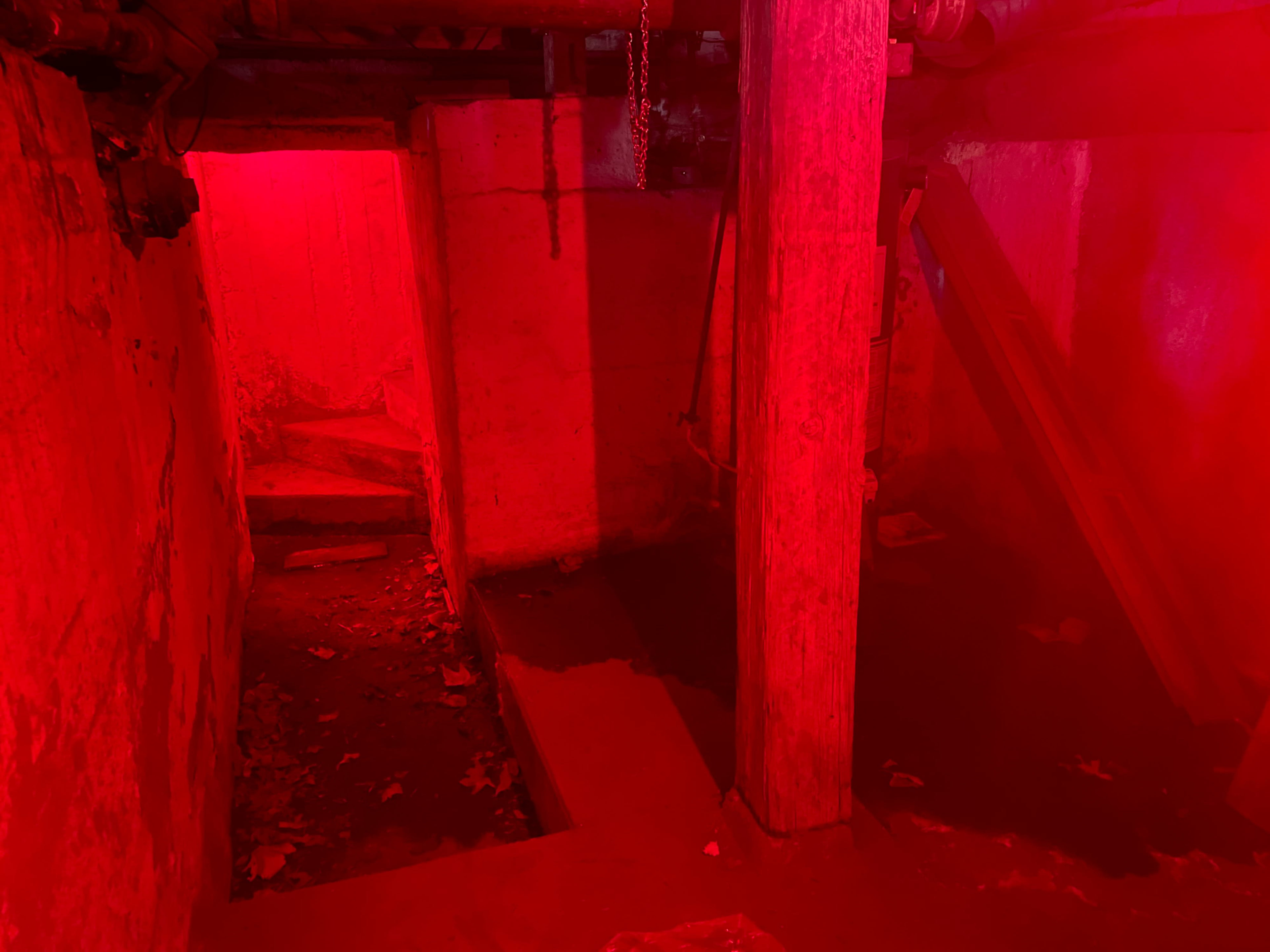 A dimly lit, unfinished basement with red lighting, revealing concrete walls and wooden support beams.