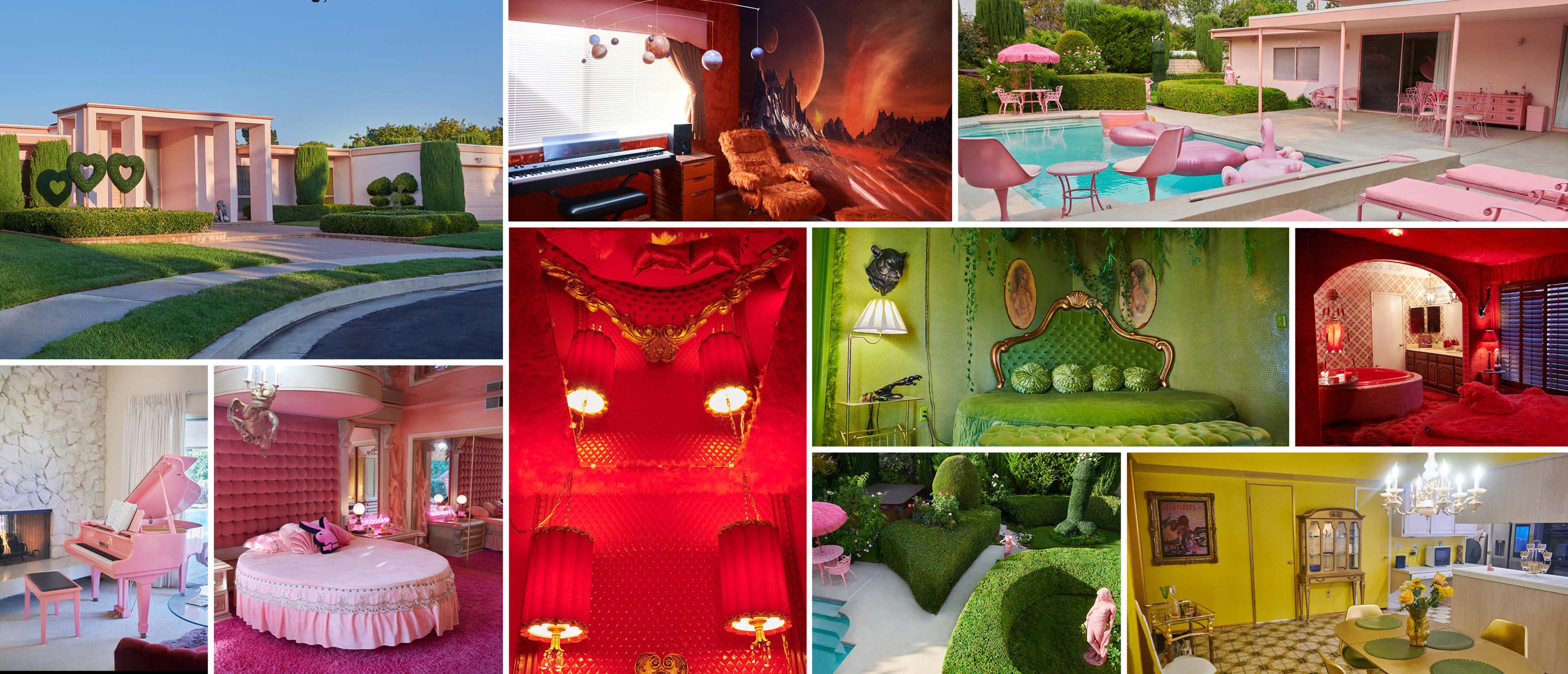A collage features various vibrant scenes of a retro-themed house with brightly colored furnishings, lush landscaping, and a swimming pool area.
