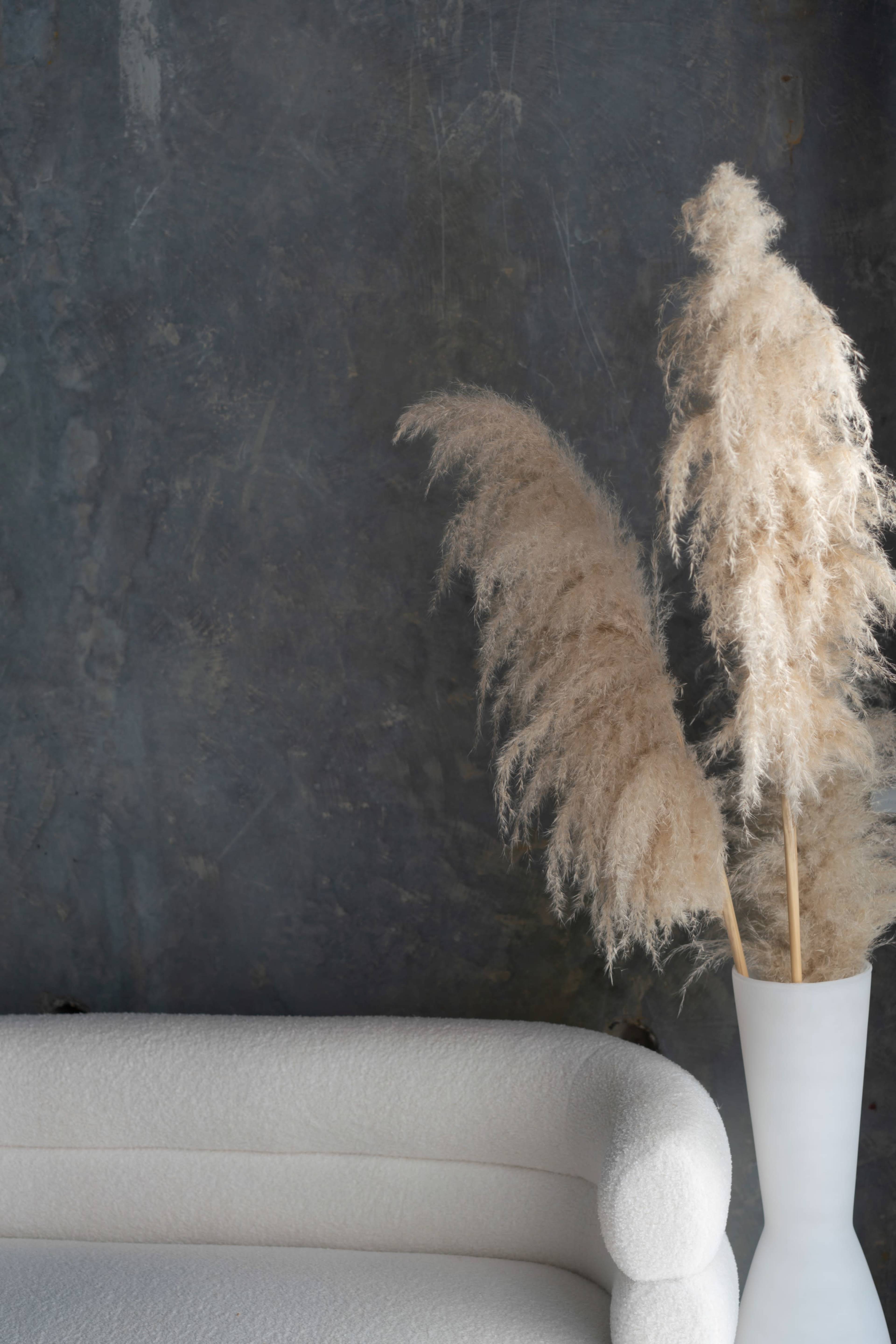 A white couch is positioned next to a tall vase containing dried pampas grass against a dark textured wall.