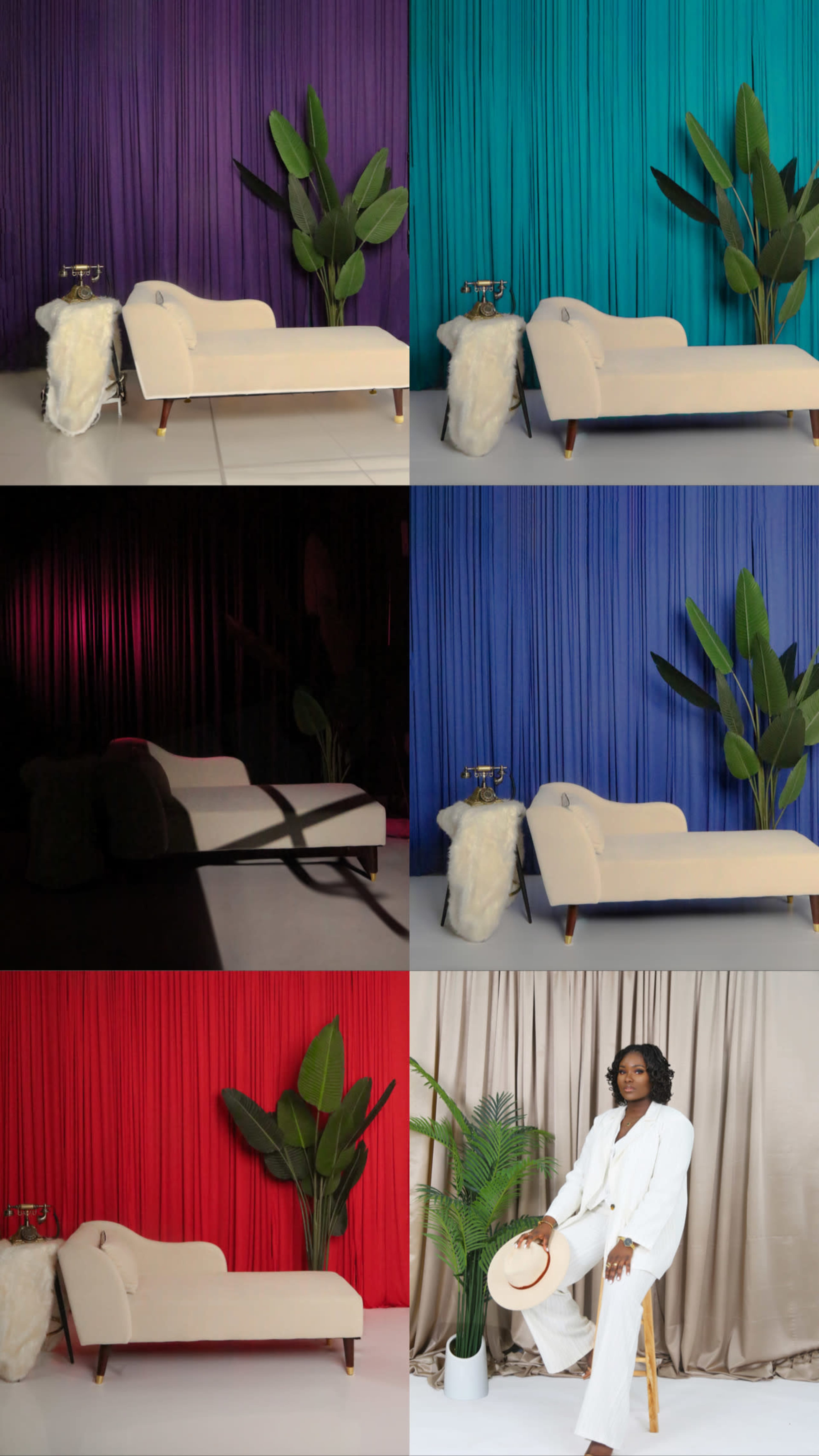 A collection of six scenes featuring varying colored backdrops with a white chaise lounge, decorative plants, and different lighting effects.