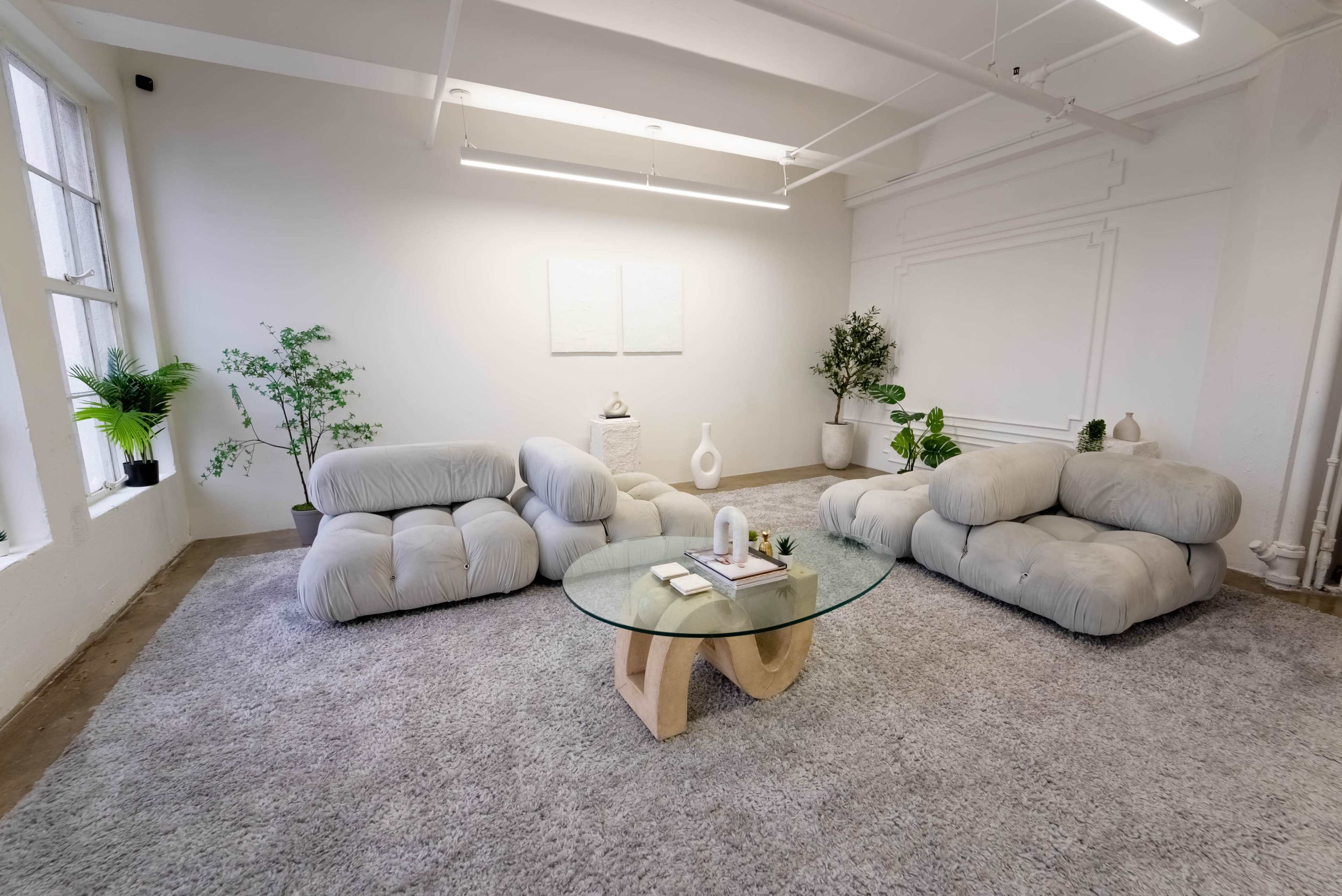 The image shows a modern, minimalist living space with two cushy, neutral-colored sofas, a circular glass coffee table, and decorative plants against a light-colored wall.
