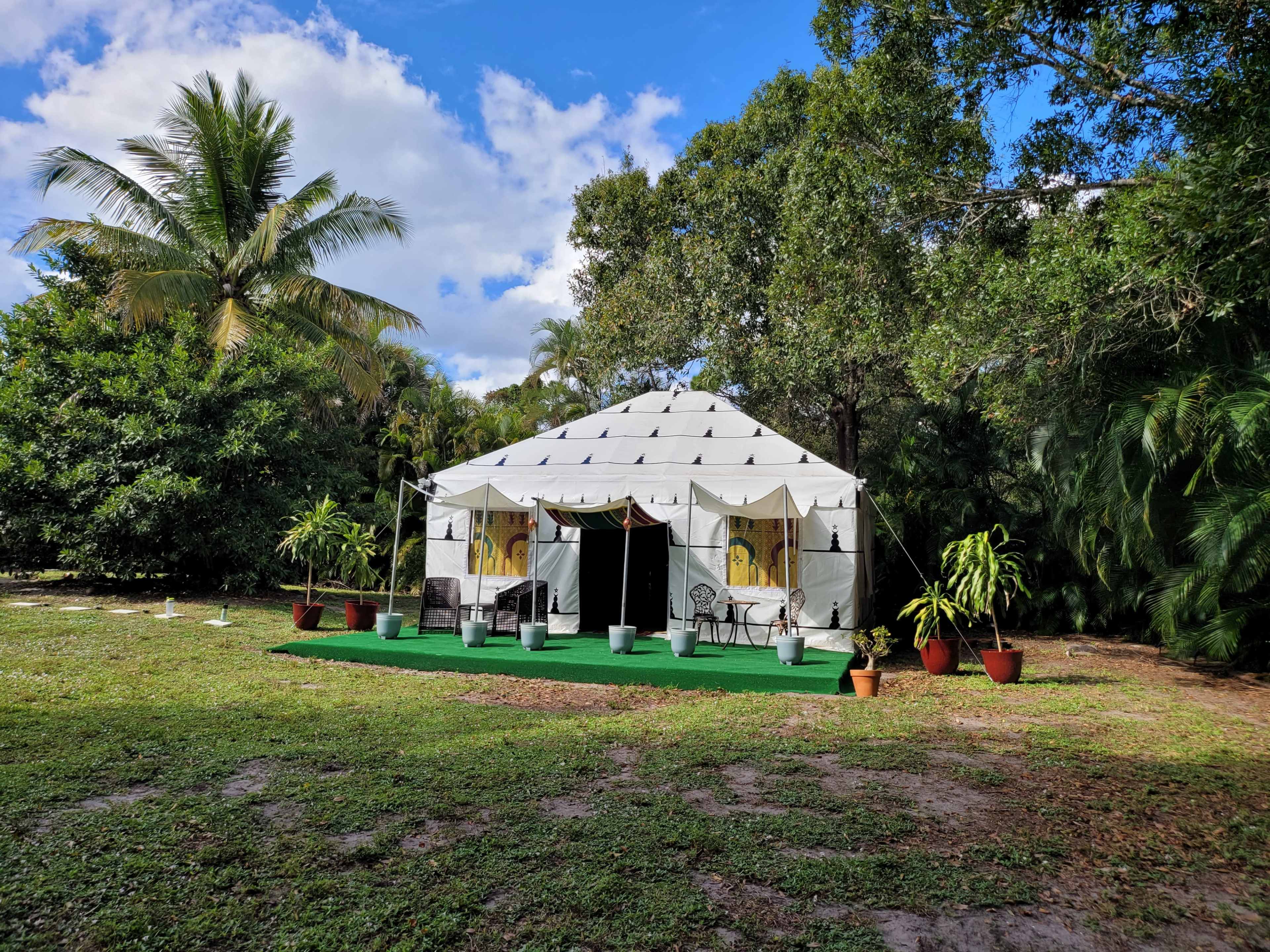 A white tent is set up in a green grassy area surrounded by trees, with patio furniture and potted plants arranged in front.