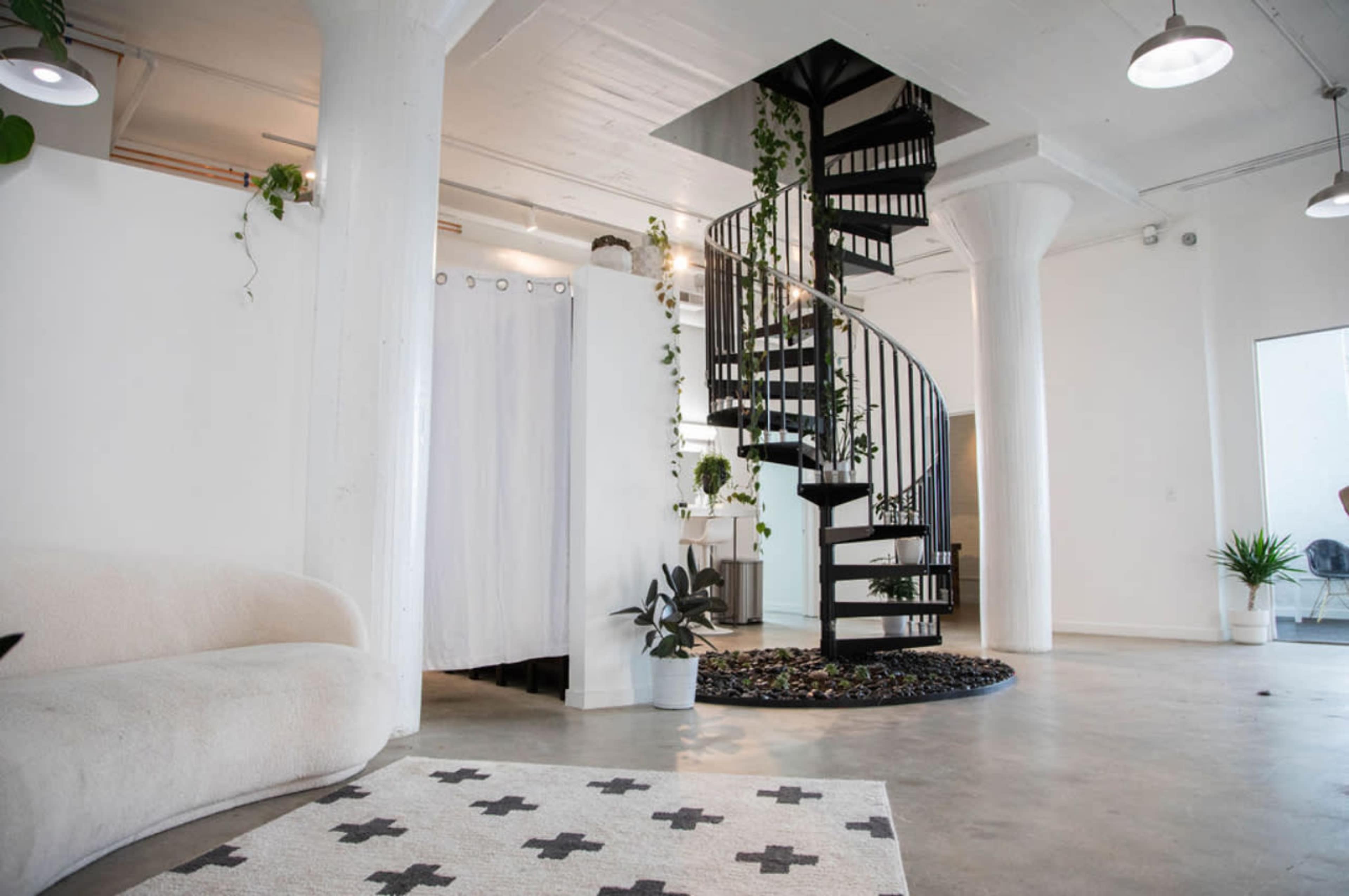 A modern, open space featuring a spiral staircase surrounded by plants, with a light-colored sofa and a decorative rug on a concrete floor.