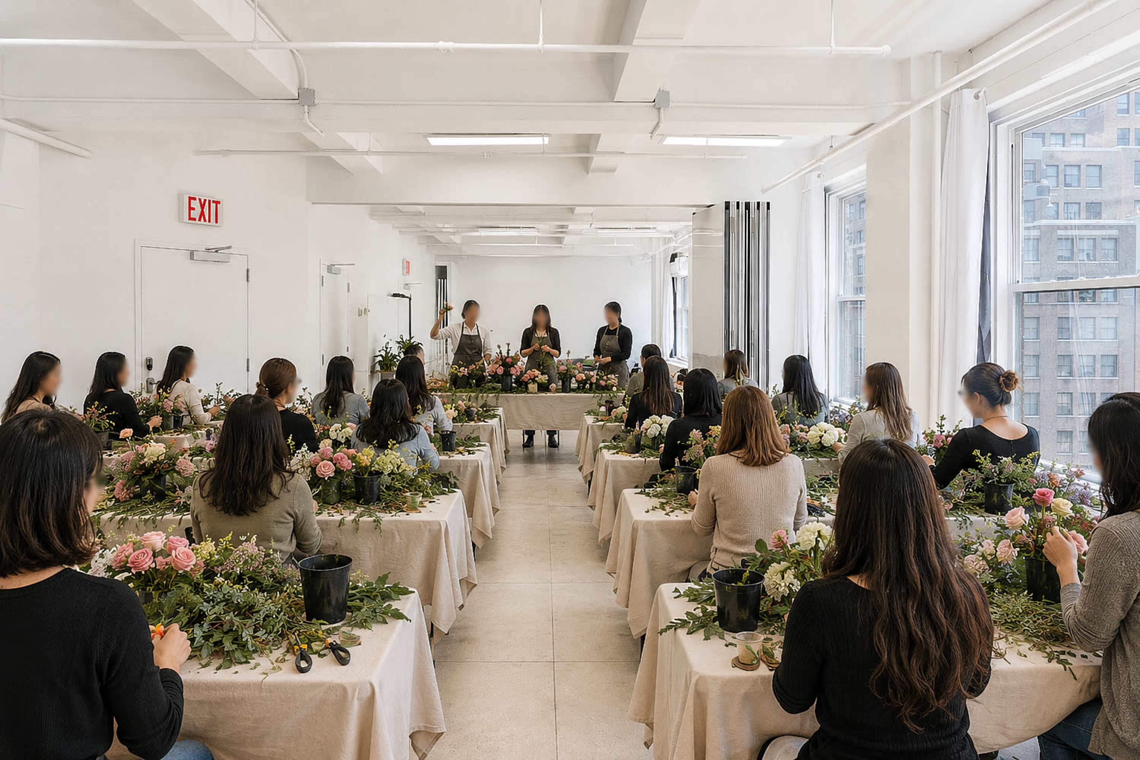 A group of people participate in a floral arrangement workshop, seated at tables covered with tablecloths and surrounded by flowers and greenery.