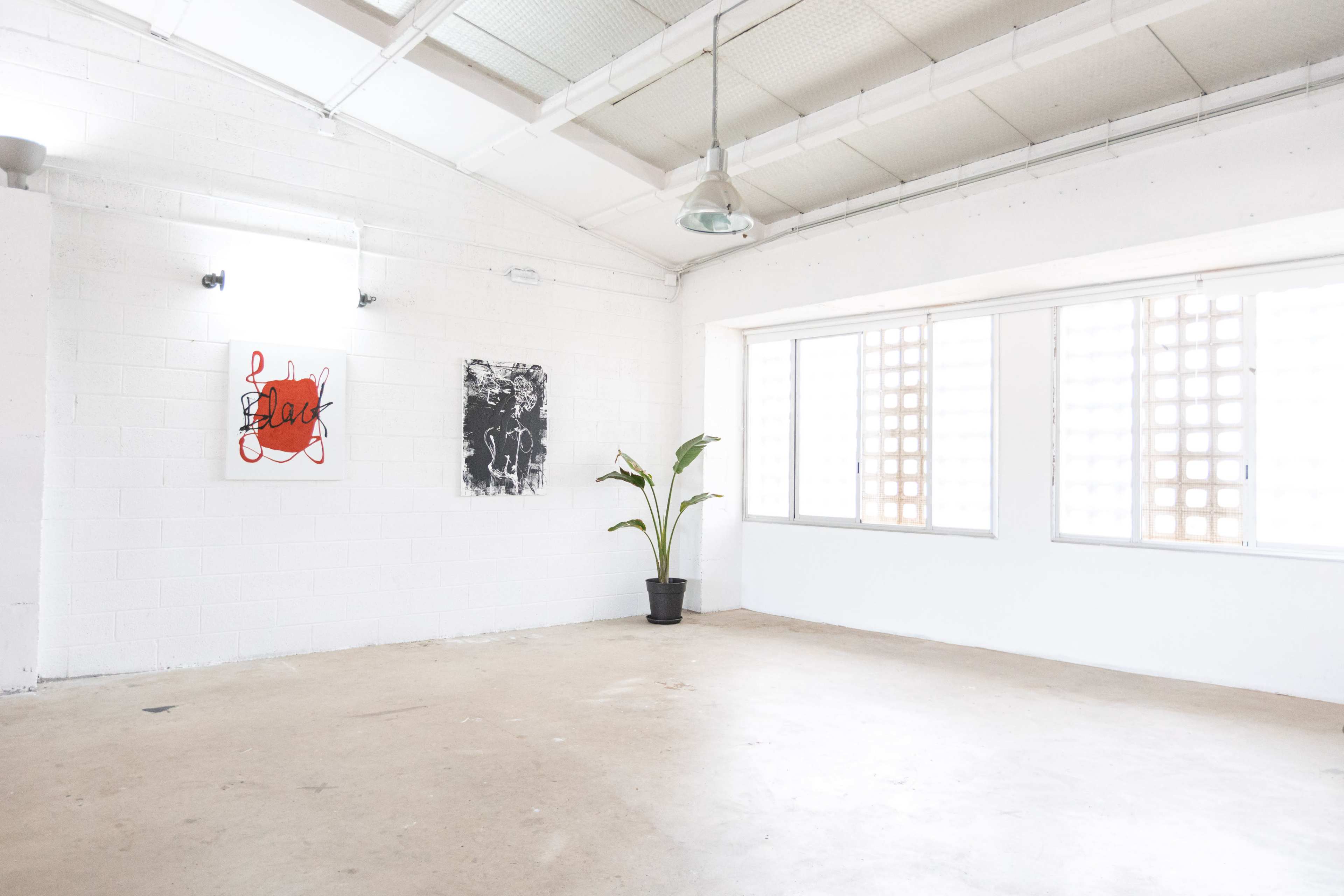 A bright, empty room with white walls, concrete flooring, and two windows, featuring a few pieces of artwork and a potted plant in the corner.