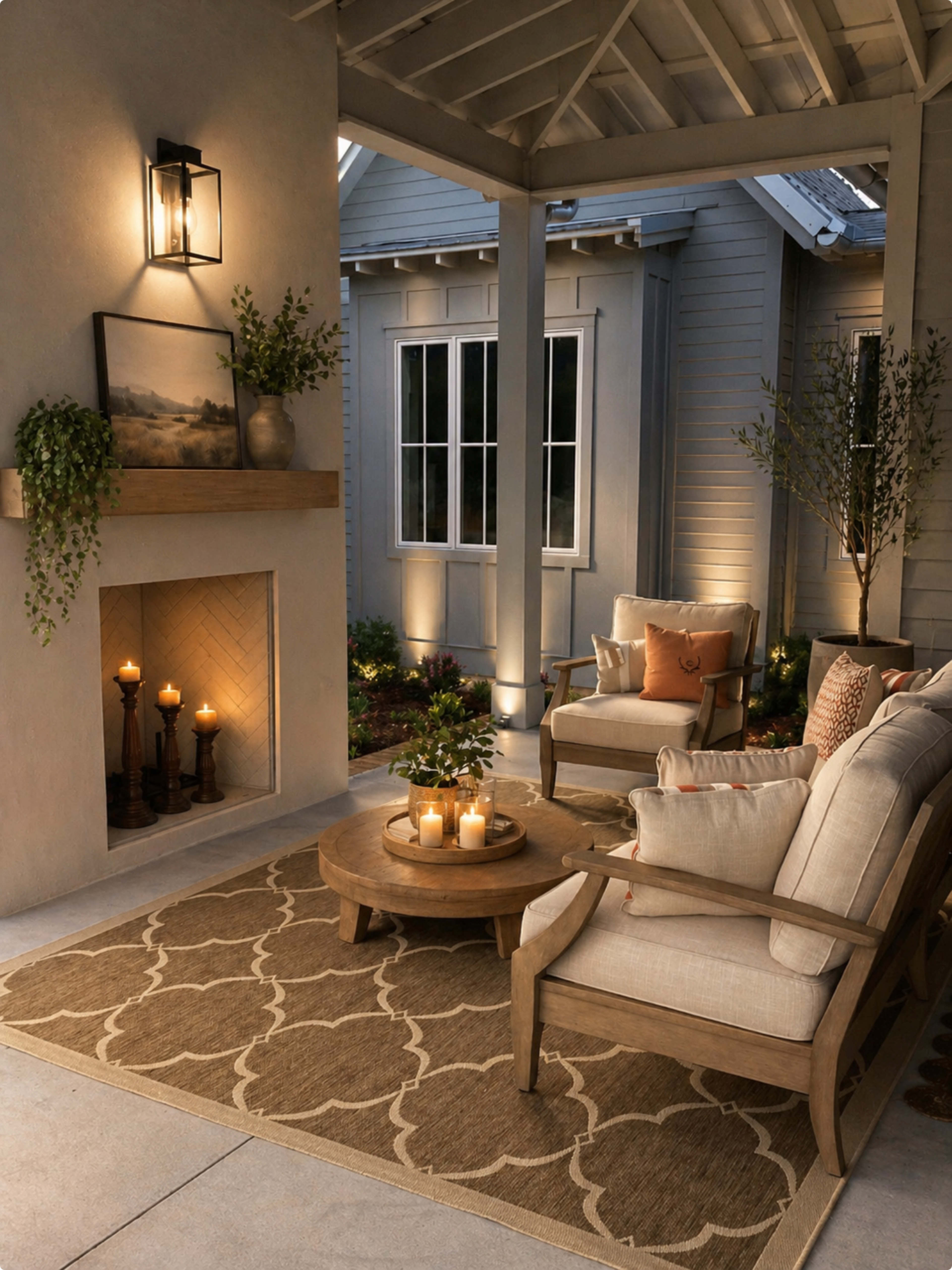 The image shows a cozy outdoor seating area featuring two wooden chairs, a round coffee table with candles, and a fireplace set against a textured wall, illuminated by soft lighting.