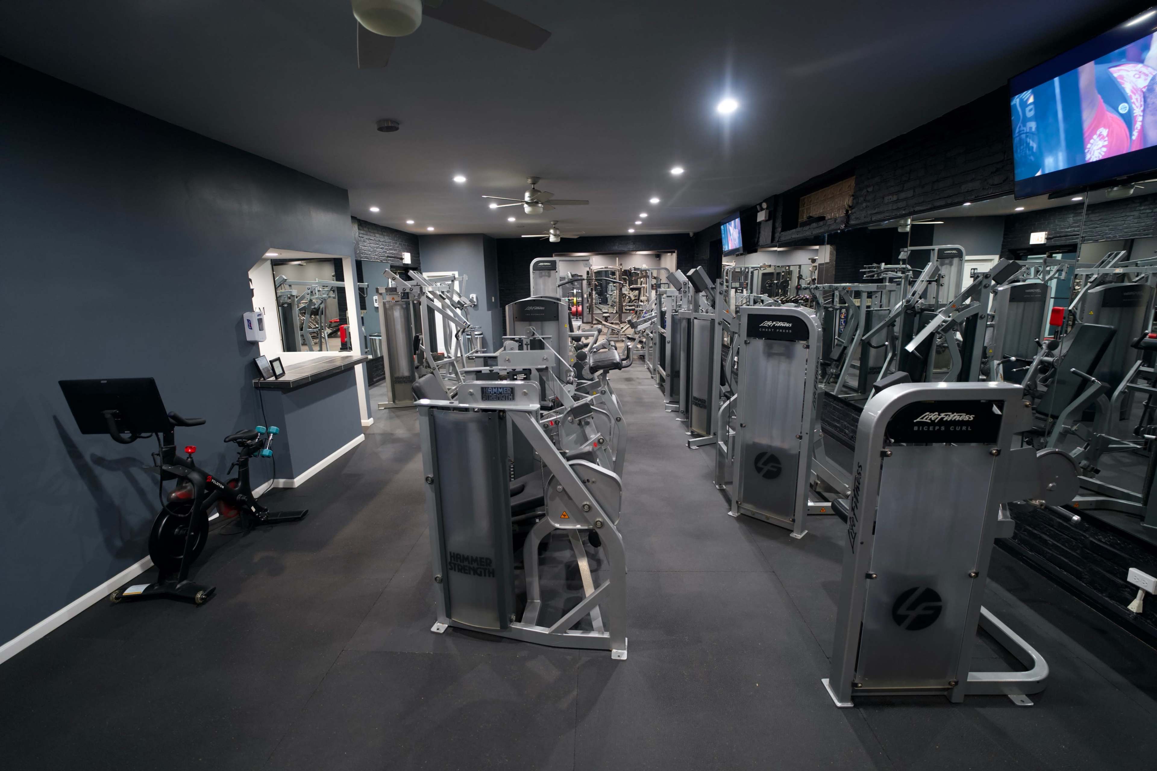 A well-equipped gym with various strength training machines and a stationary bike in a spacious layout.