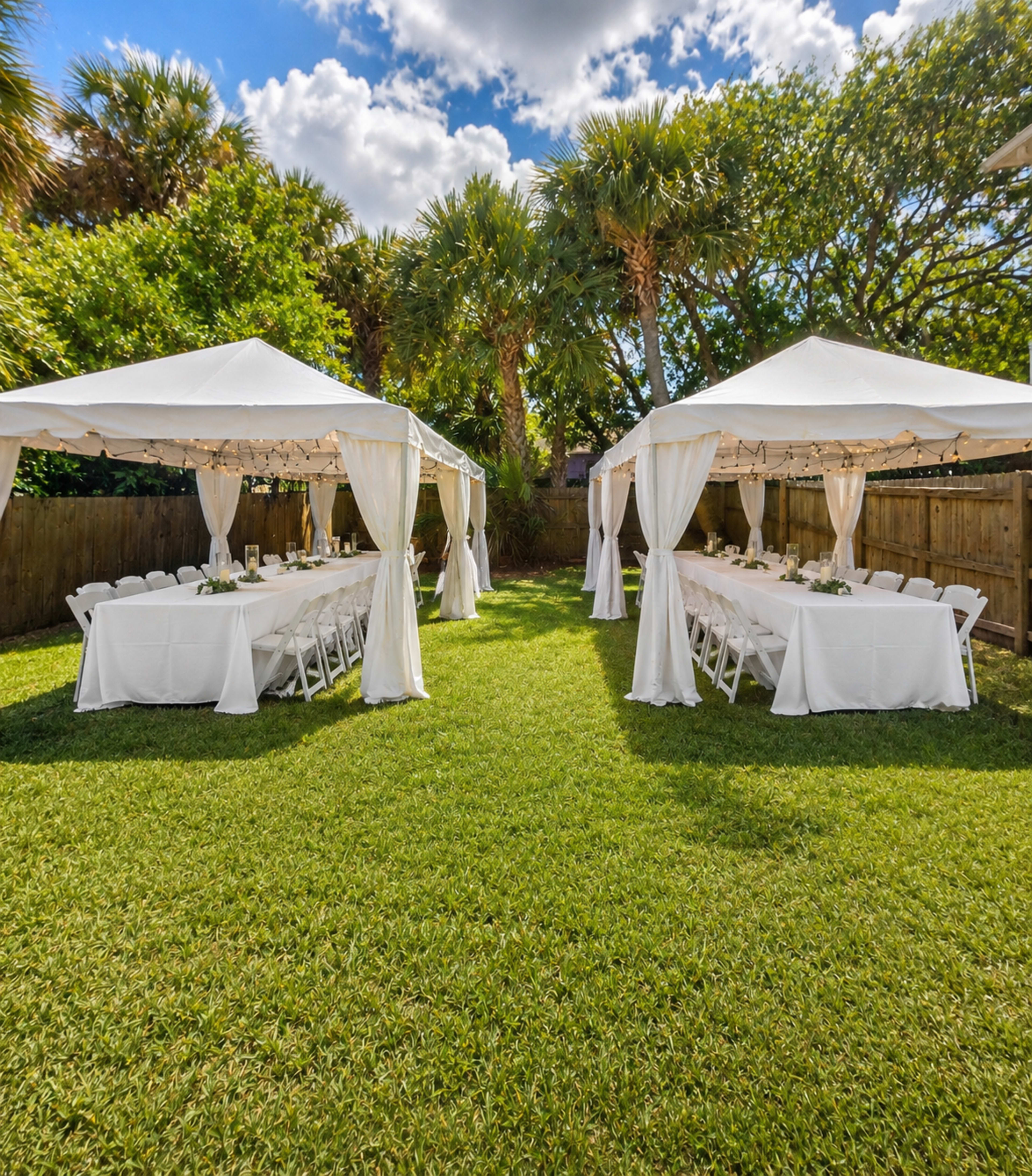 Two white tents are set up on a grassy area, each with long tables arranged for an outdoor event, surrounded by palm trees and a wooden fence.