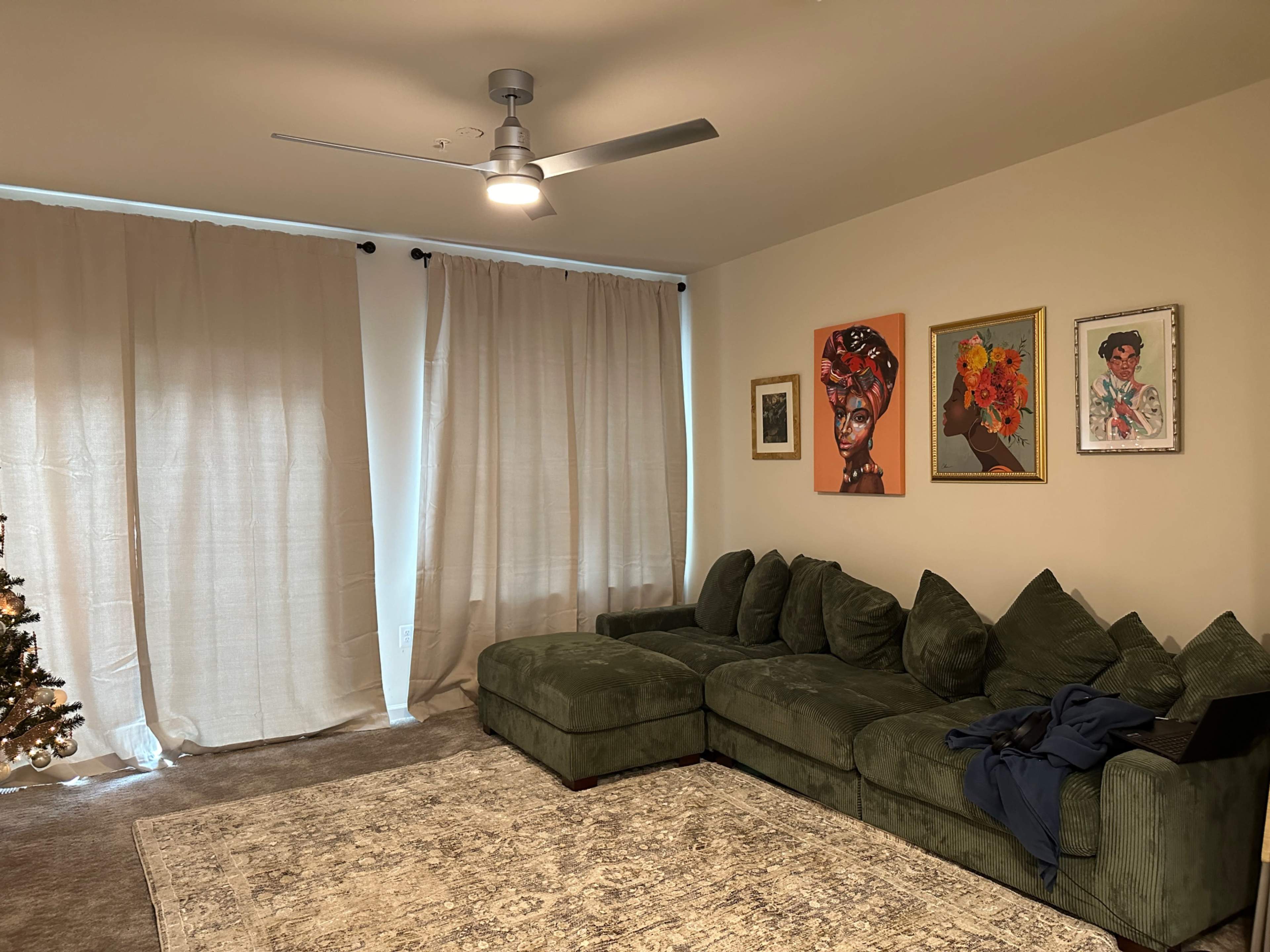 The room features a large green sectional sofa, a decorative area rug, and artwork on the walls, with light streaming in through sheer curtains.
