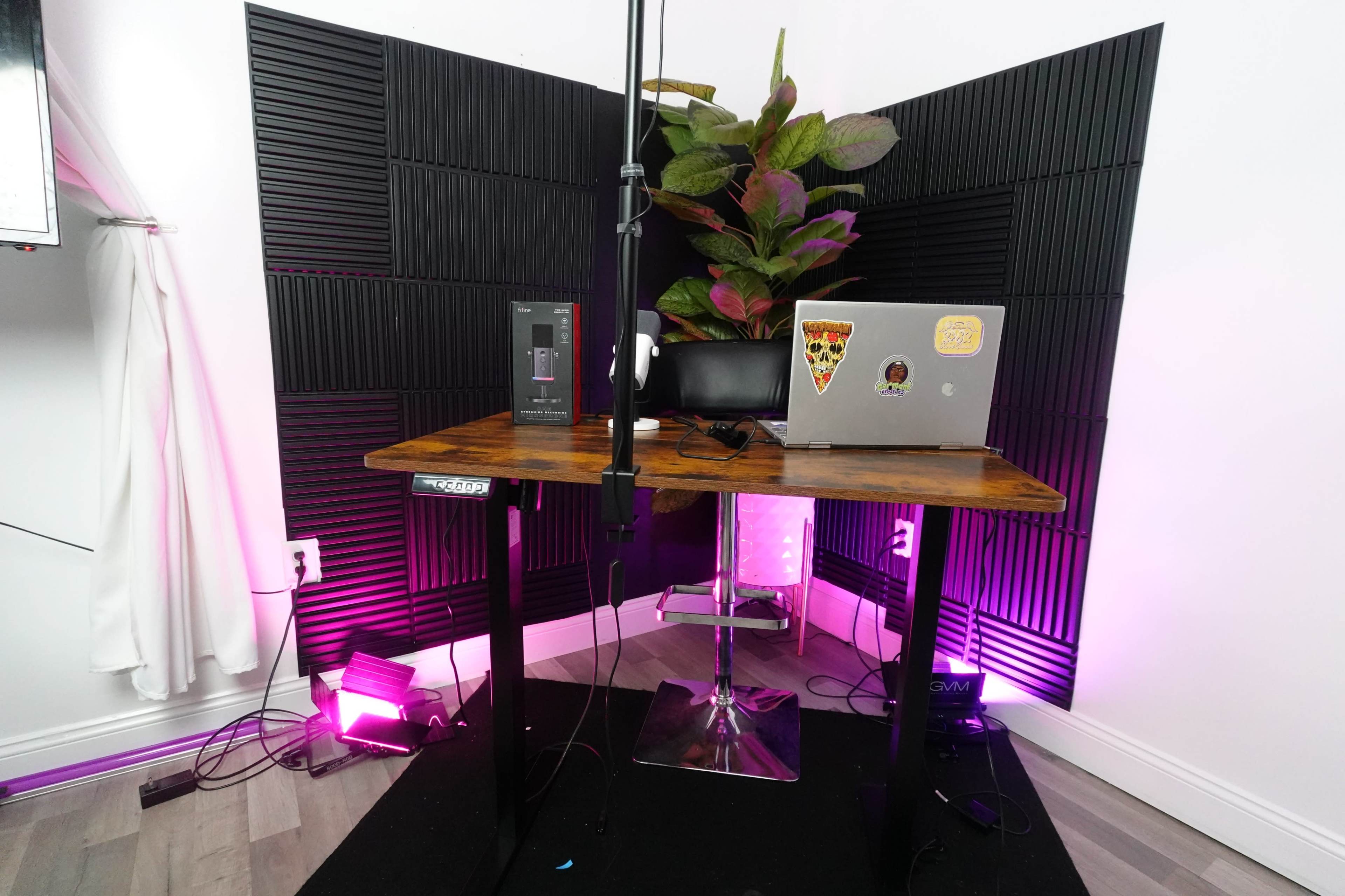 A wooden desk with a laptop and a microphone is set up in a soundproofed space, surrounded by purple lighting and a large potted plant.