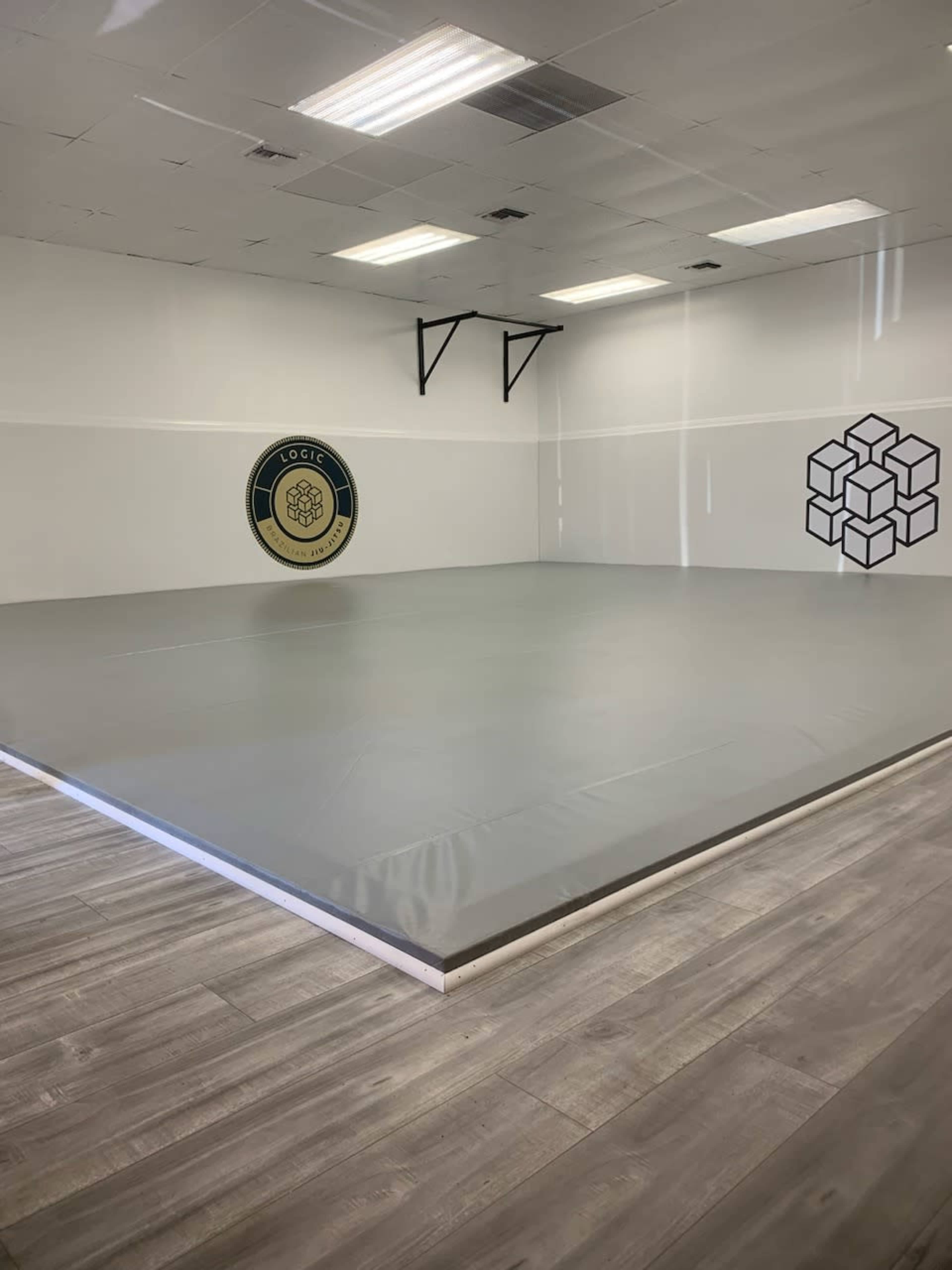 A spacious training room with a gray mat and two wall decorations, one circular and one geometric.