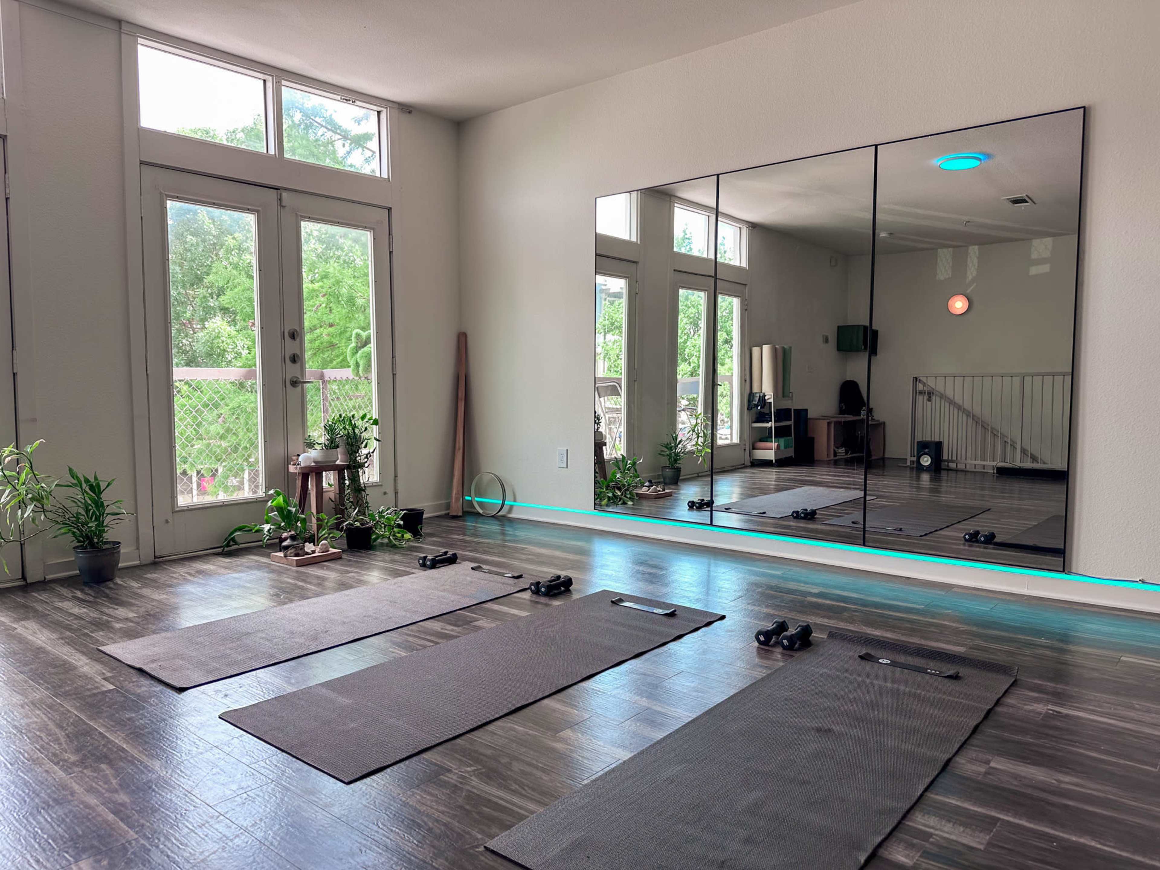The image shows a yoga or exercise studio featuring three mats on the floor, a large mirror on the wall, and plants near the entrance.