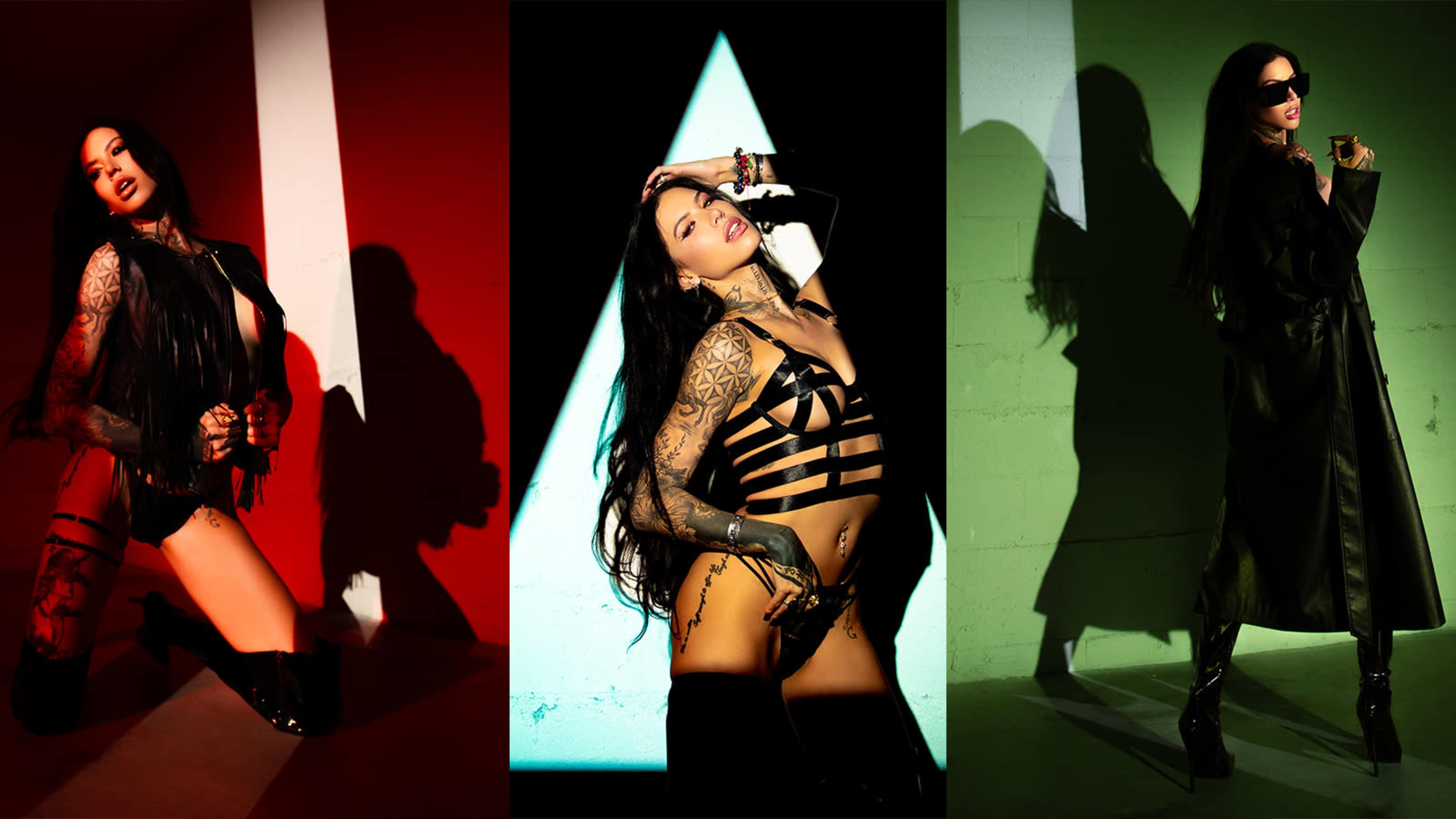 A model with tattoos posing in three distinct settings, showcasing different outfits and lighting against colorful backgrounds.