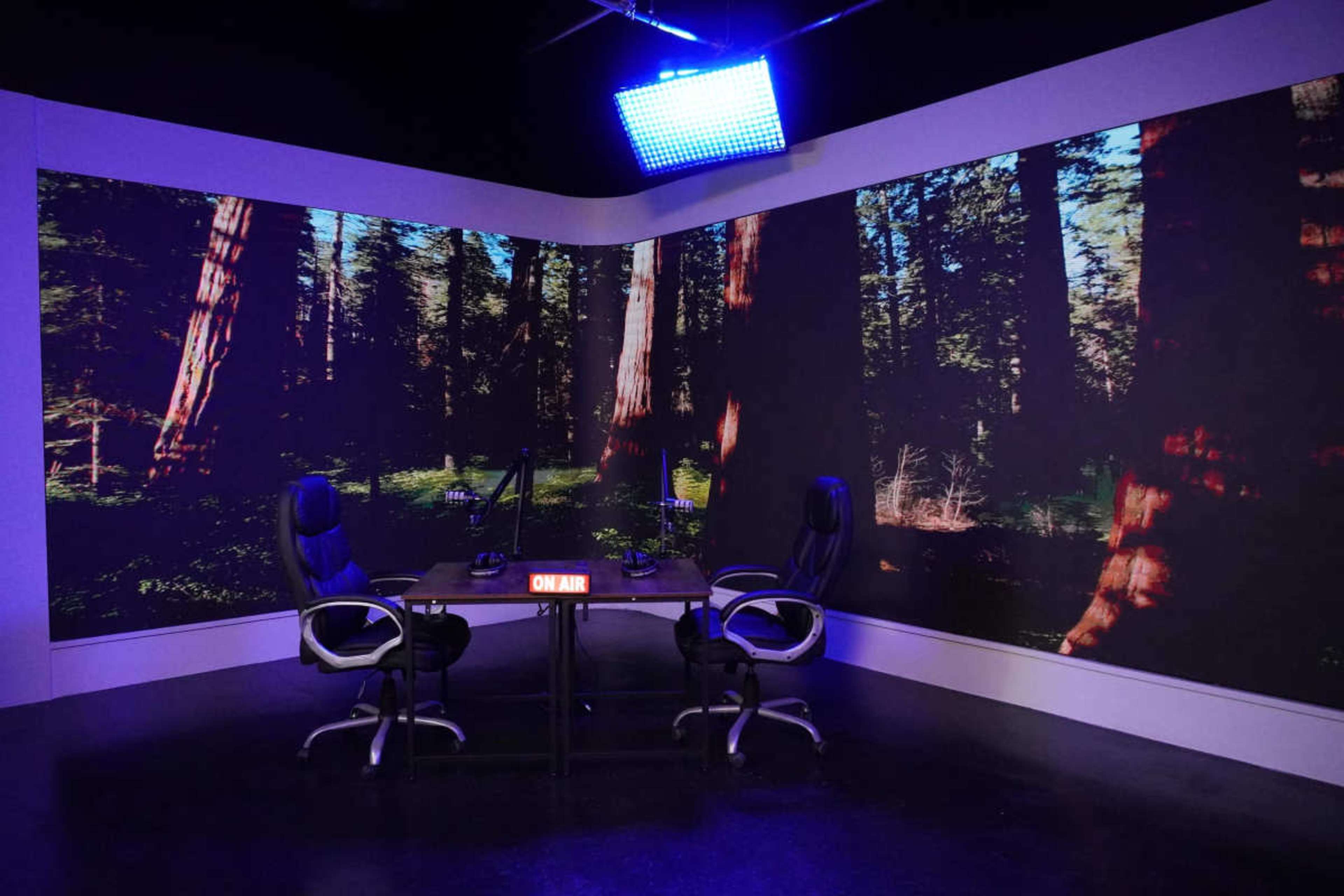 A recording studio features two chairs and a table illuminated by a bright overhead light against a backdrop of a forest scene projected on the walls.