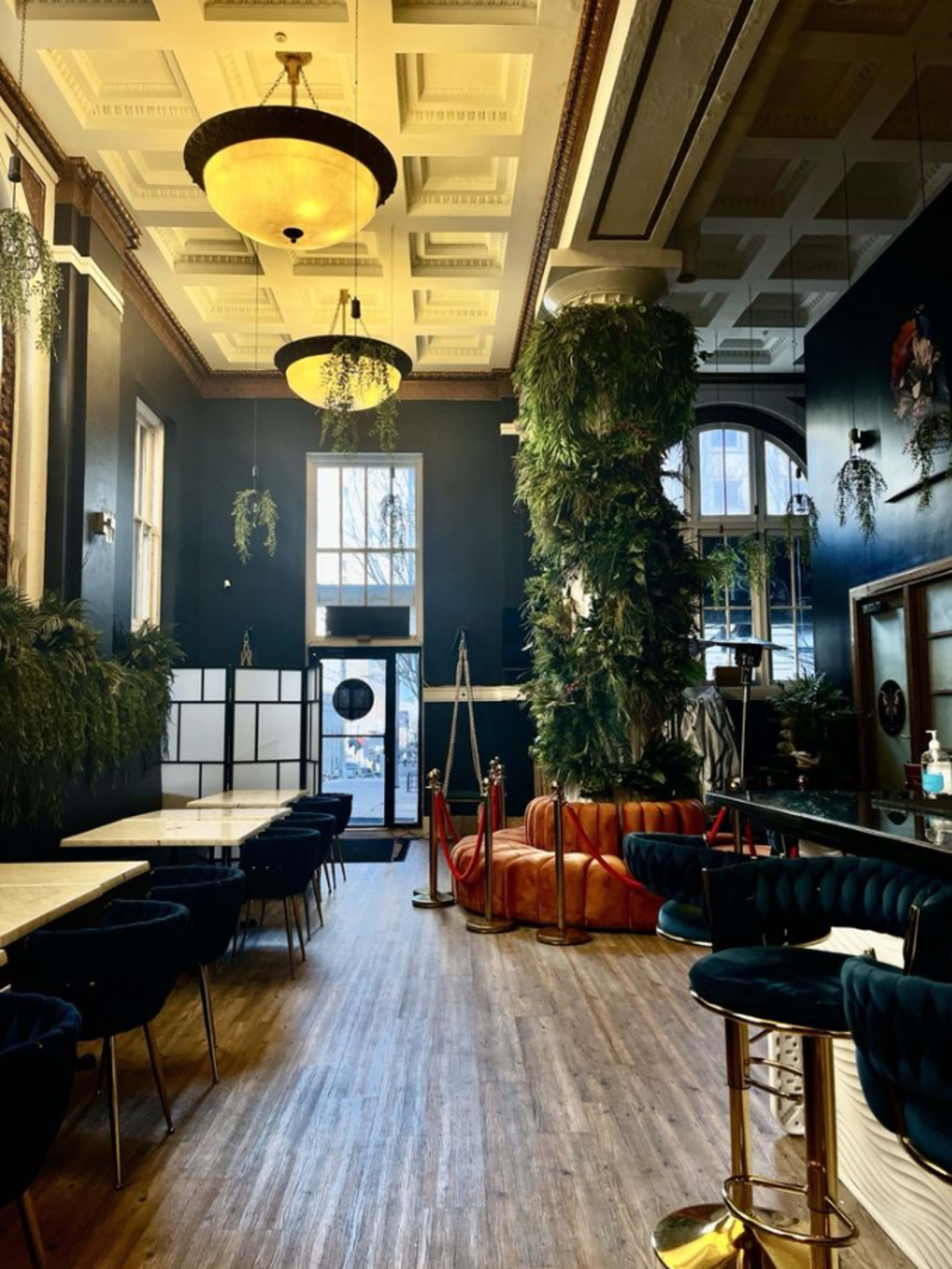 The image shows a stylish restaurant interior featuring high ceilings, large windows, and a combination of green plants and comfortable seating.