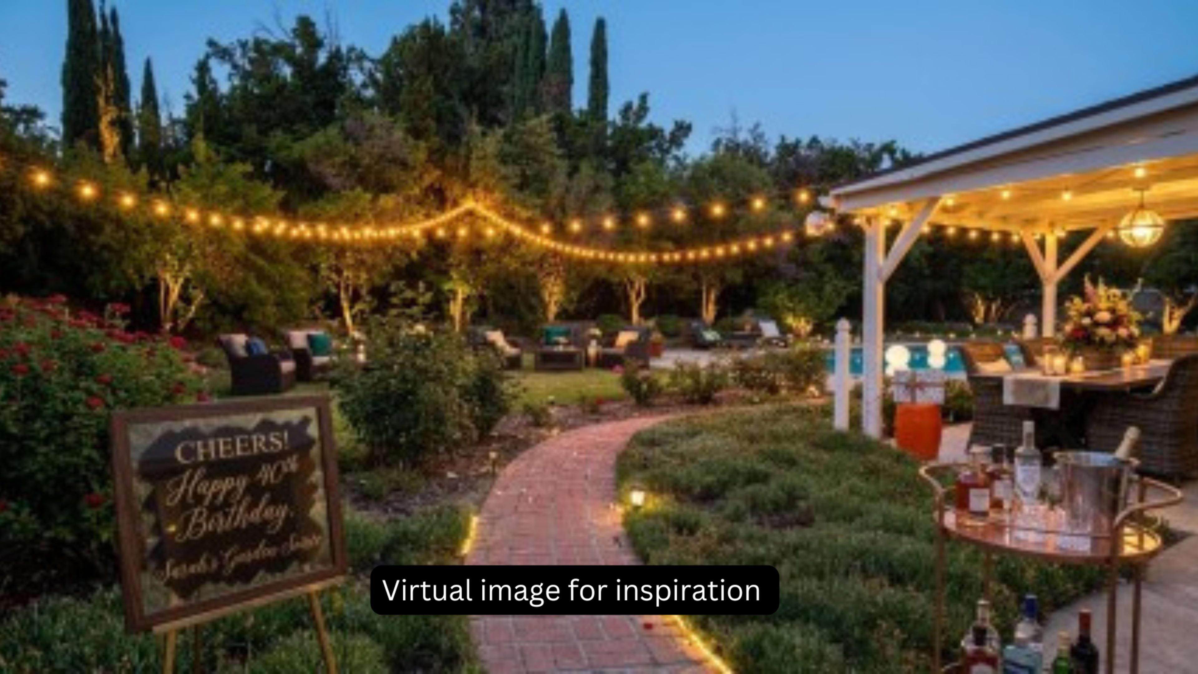 The image depicts a beautifully arranged outdoor space for a birthday celebration, featuring string lights, a pathway, a bar setup, and lounge seating amid greenery.