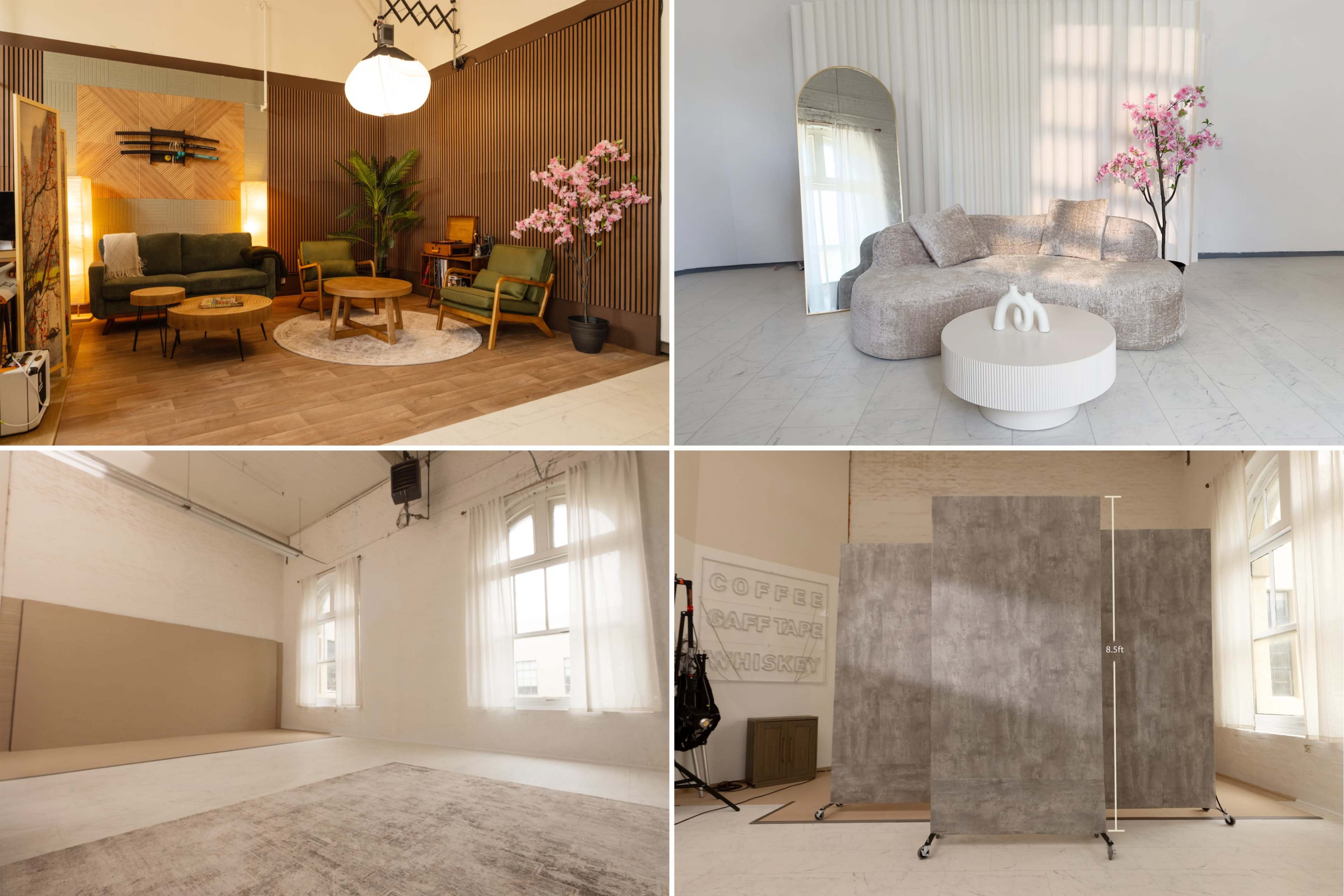 The image shows four interior design setups featuring modern furniture, decorative elements like cherry blossom plants, and neutral color palettes in various arrangements.