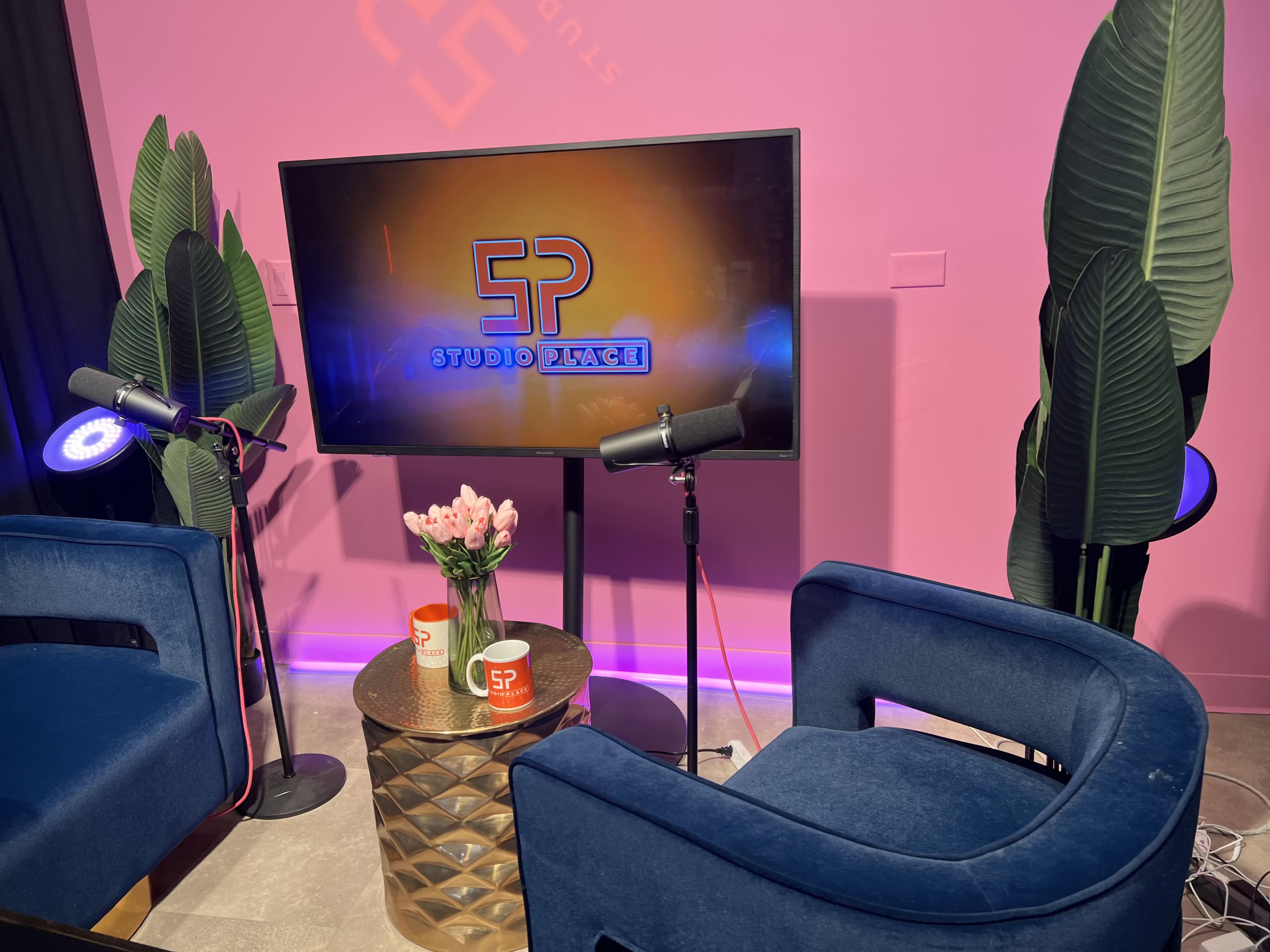 A small television studio setup featuring two blue chairs, a round table with a vase of flowers, and a screen displaying the logo "STUDIO PLACE" against a pink wall.
