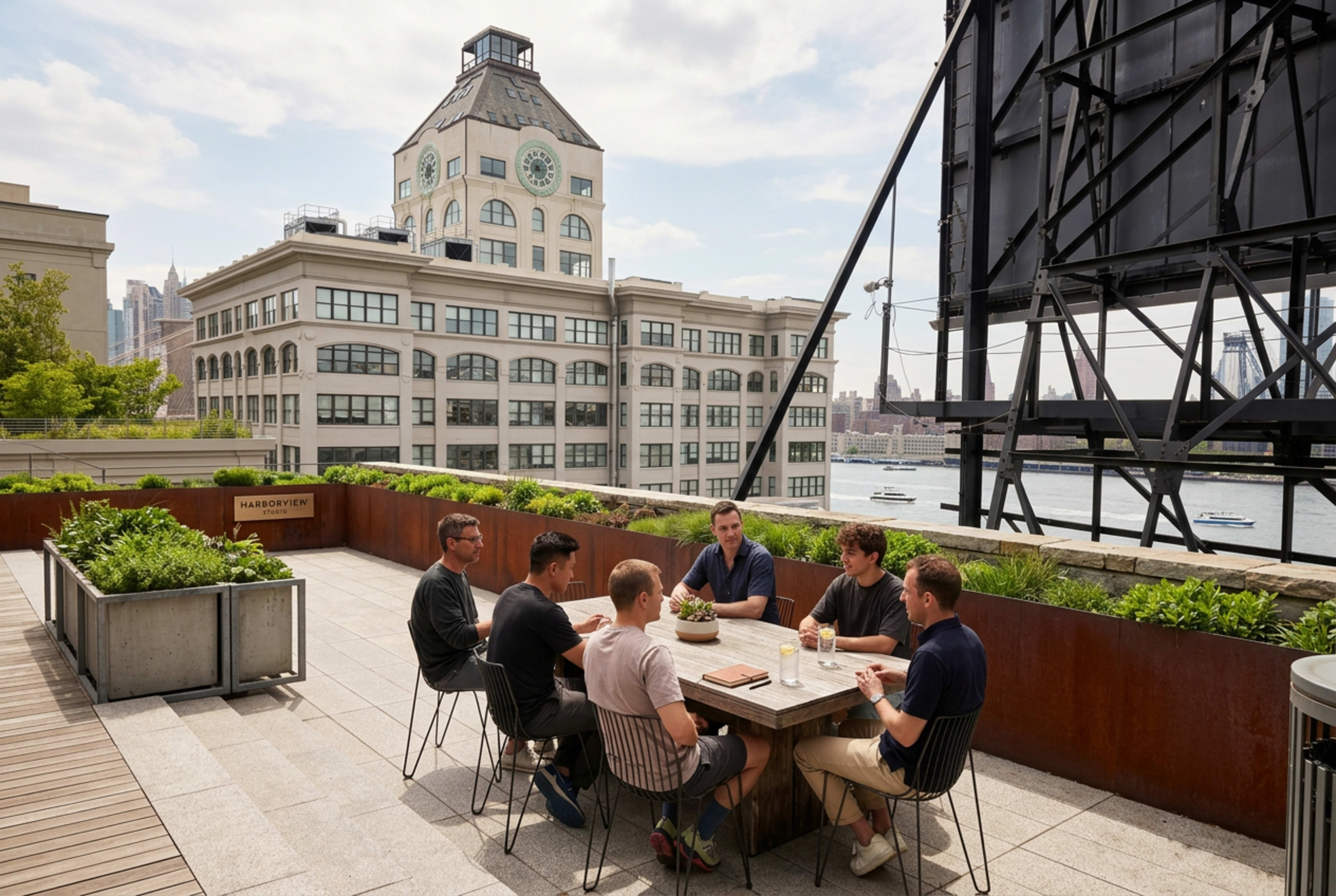 A group of six people sits around a large table on a rooftop terrace, with a view of buildings and a river in the background.