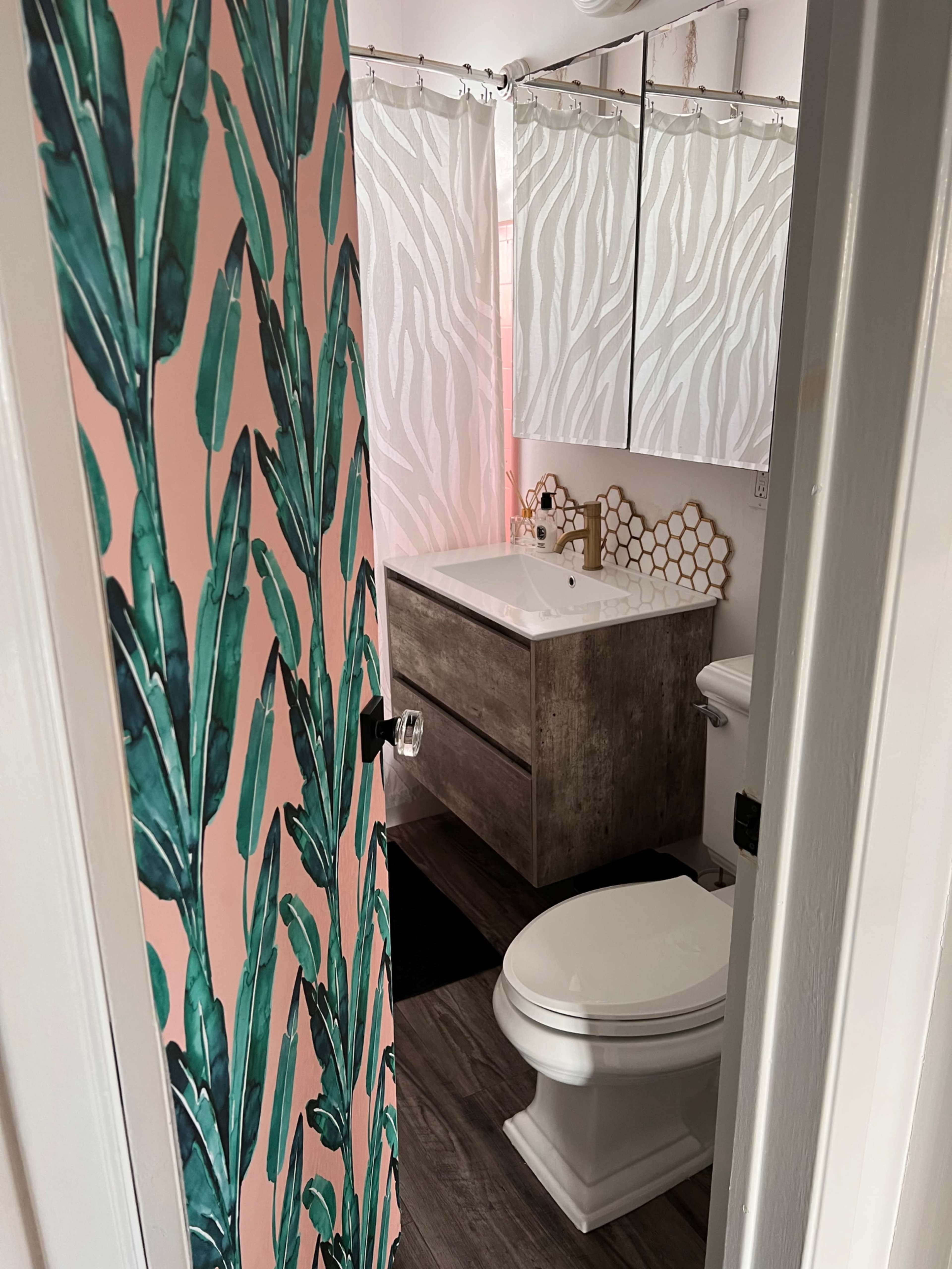 A bathroom viewed from a doorway, featuring a pink leaf-patterned wall, a modern vanity with a sink, a toilet, and sheer patterned curtains.