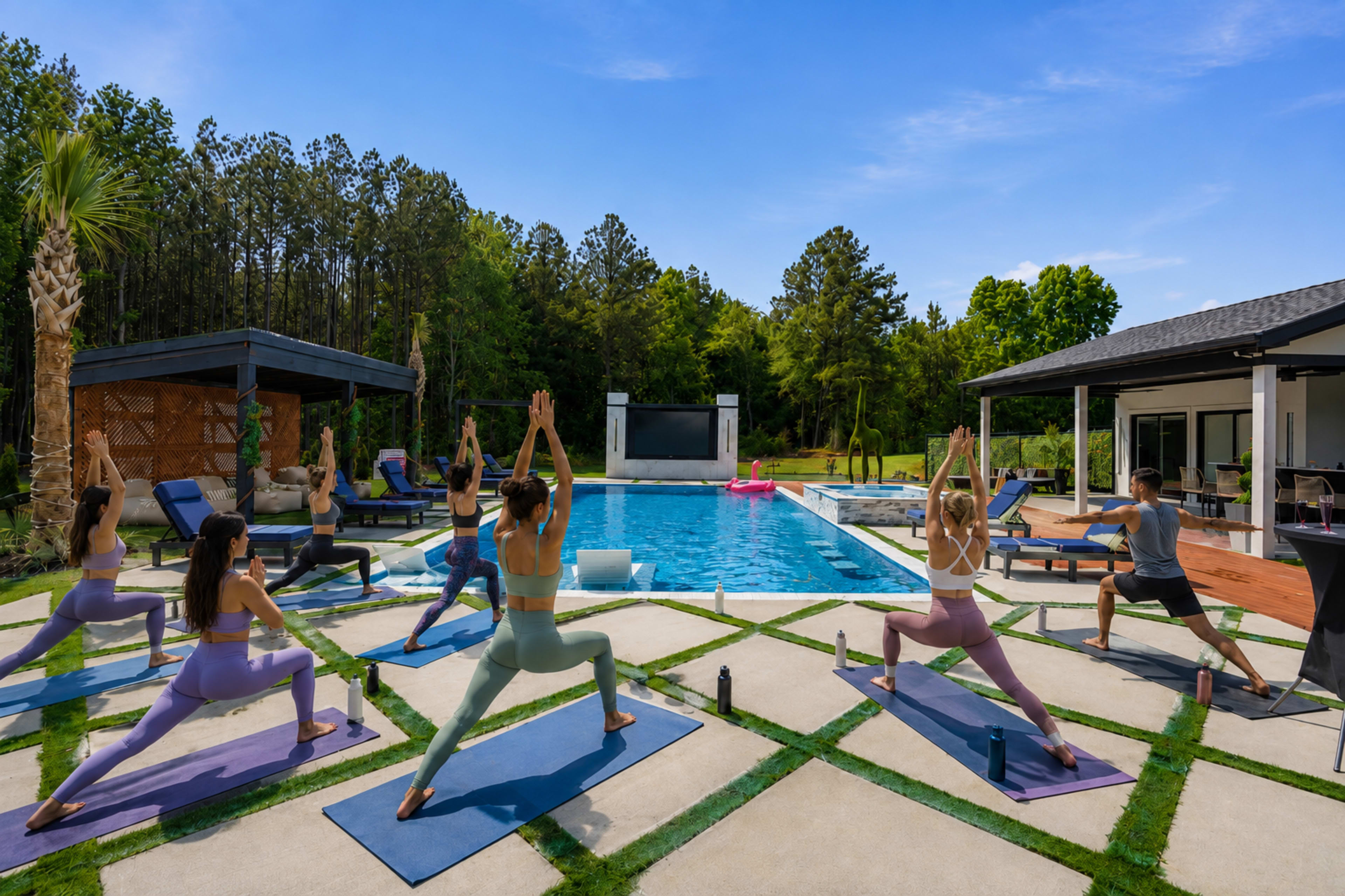 A group of individuals practices yoga in a formation around a swimming pool in a landscaped outdoor setting.