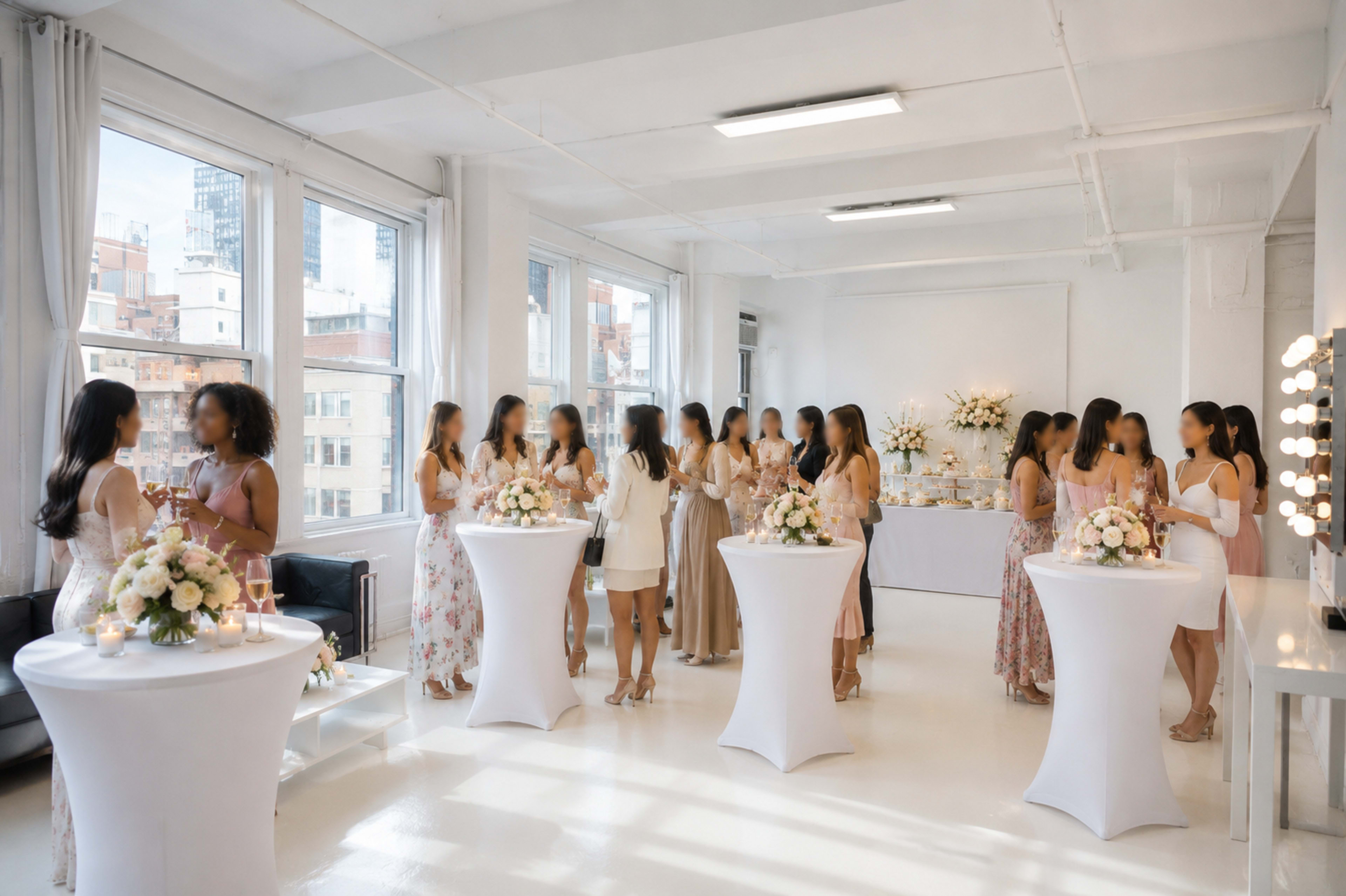 A group of women dress in various elegant outfits, socializing at a bright indoor venue with floral arrangements on display.