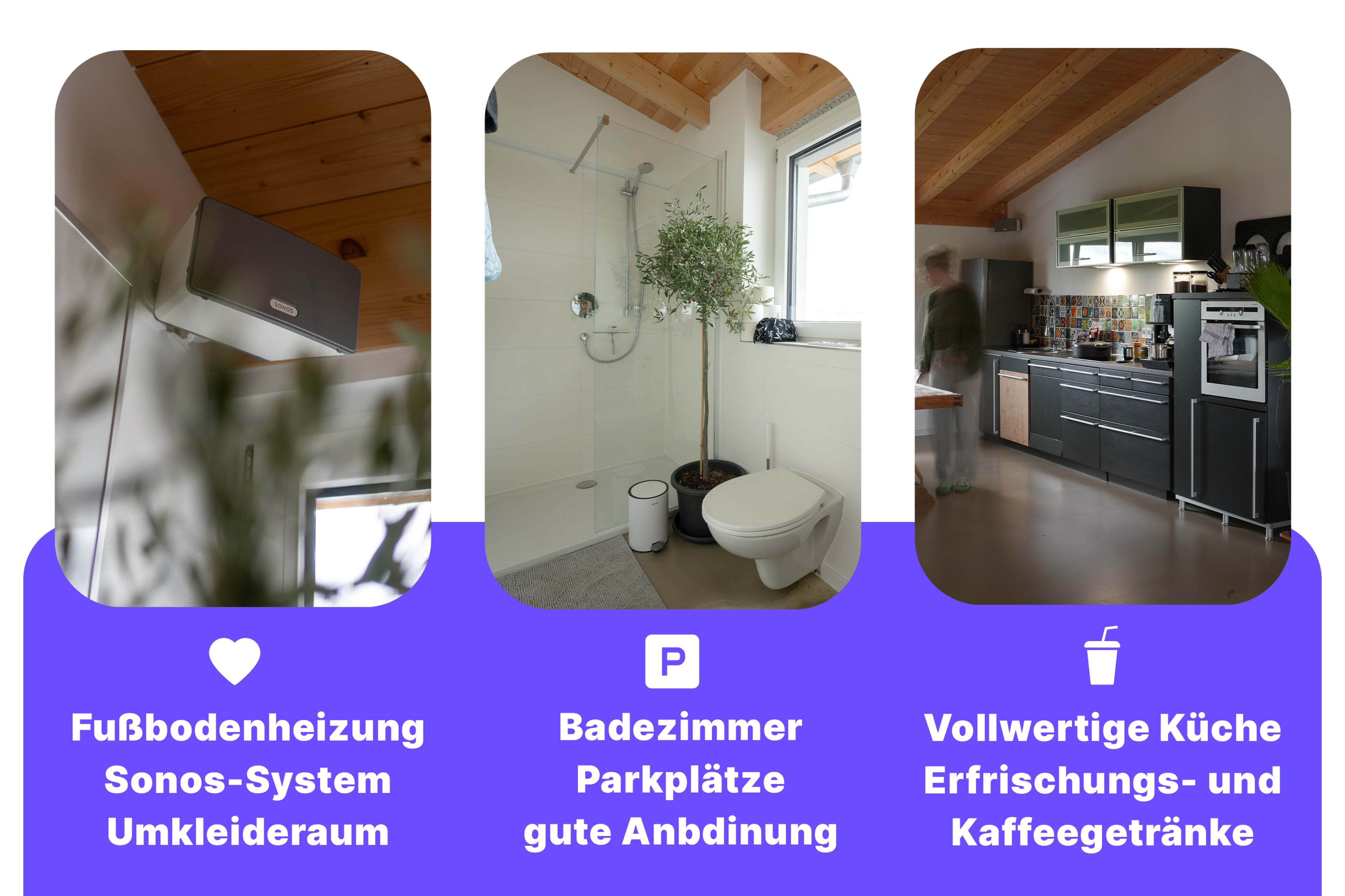 Three sections highlighting features of a property: underfloor heating and a Sonos system, a bathroom with a toilet and shower, and a fully equipped kitchen with refreshments and coffee beverages.