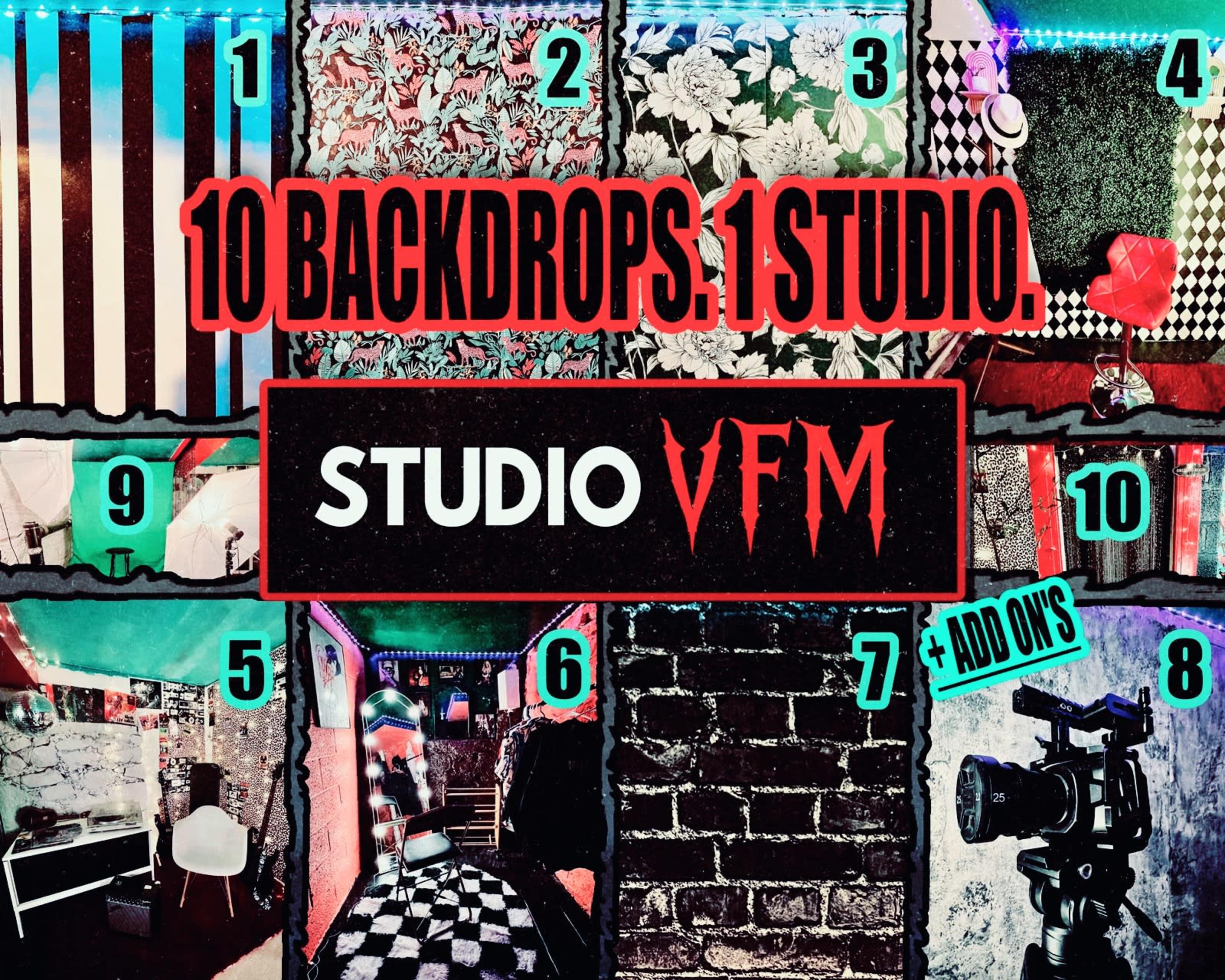 The image features a collage showcasing multiple photography backdrops in a studio, labeled with numbers and the text "10 BACKDROPS. 1 STUDIO." along with the name "STUDIO VFM."