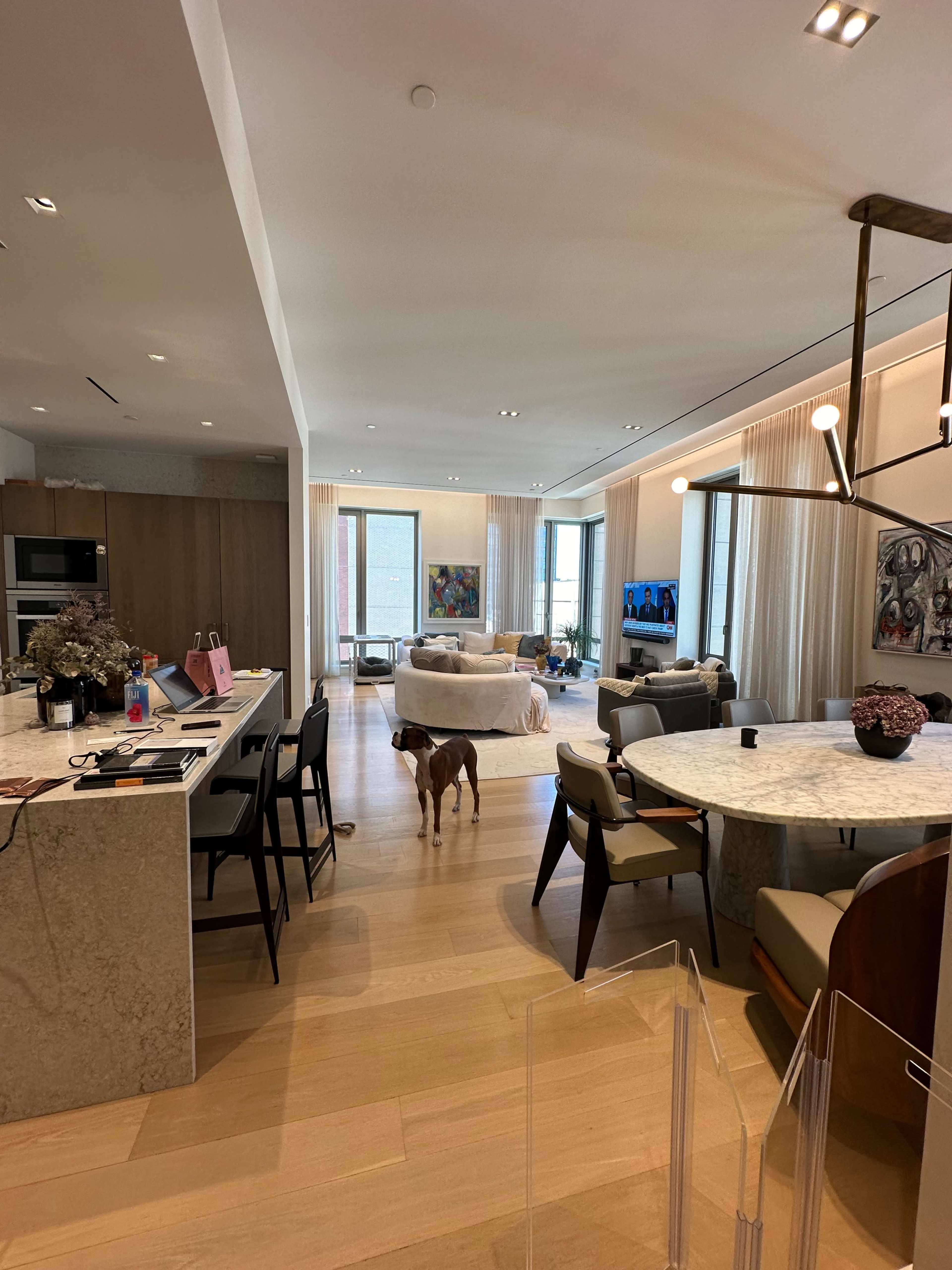 A modern open-concept living space features a dining area with a marble table, a kitchen with a large island, and a dog walking towards the living room.