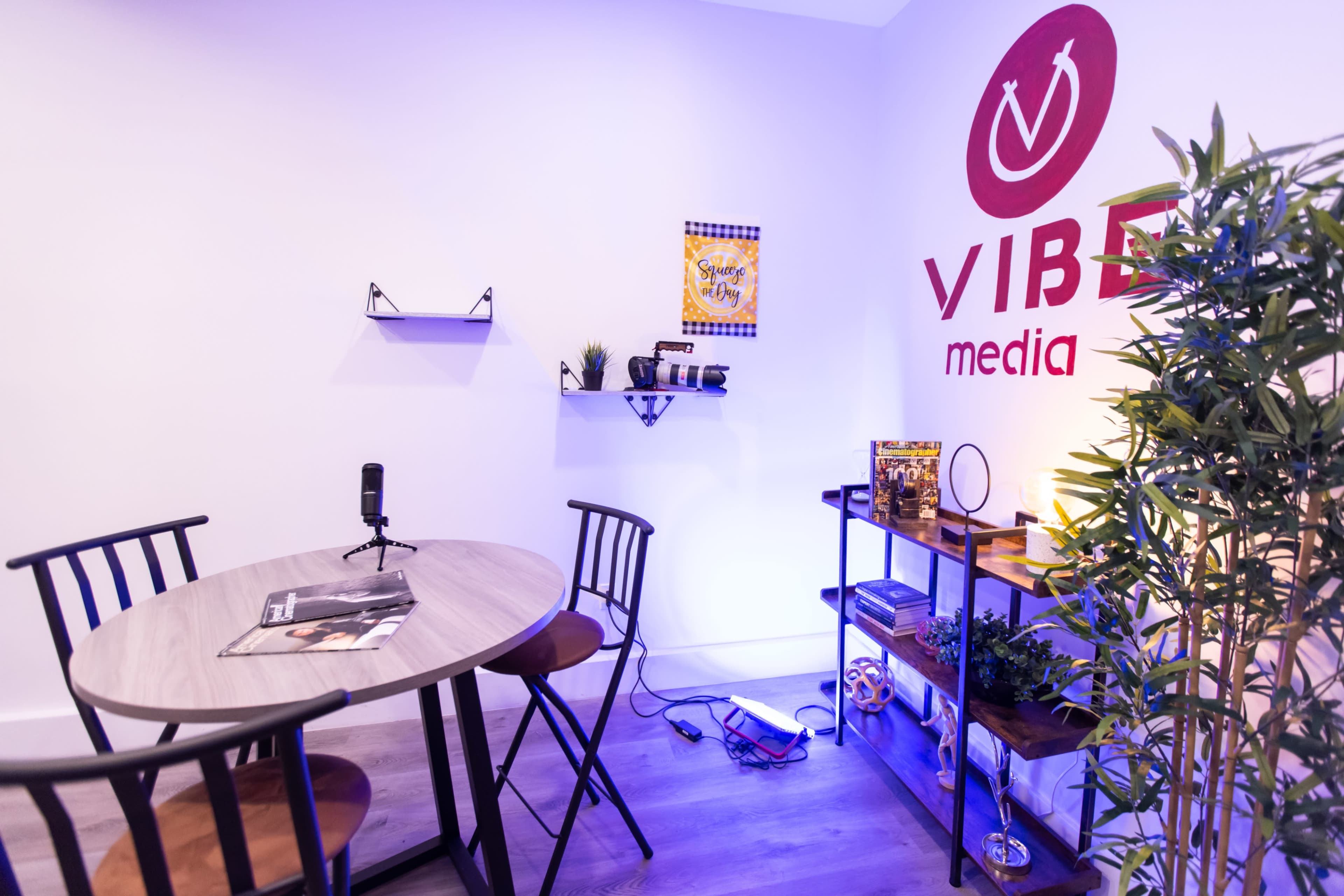 The image shows a small media workspace featuring a round table with two chairs, a microphone, shelves with decor and a camera, and a plant against a wall adorned with the logo "VIBE media."