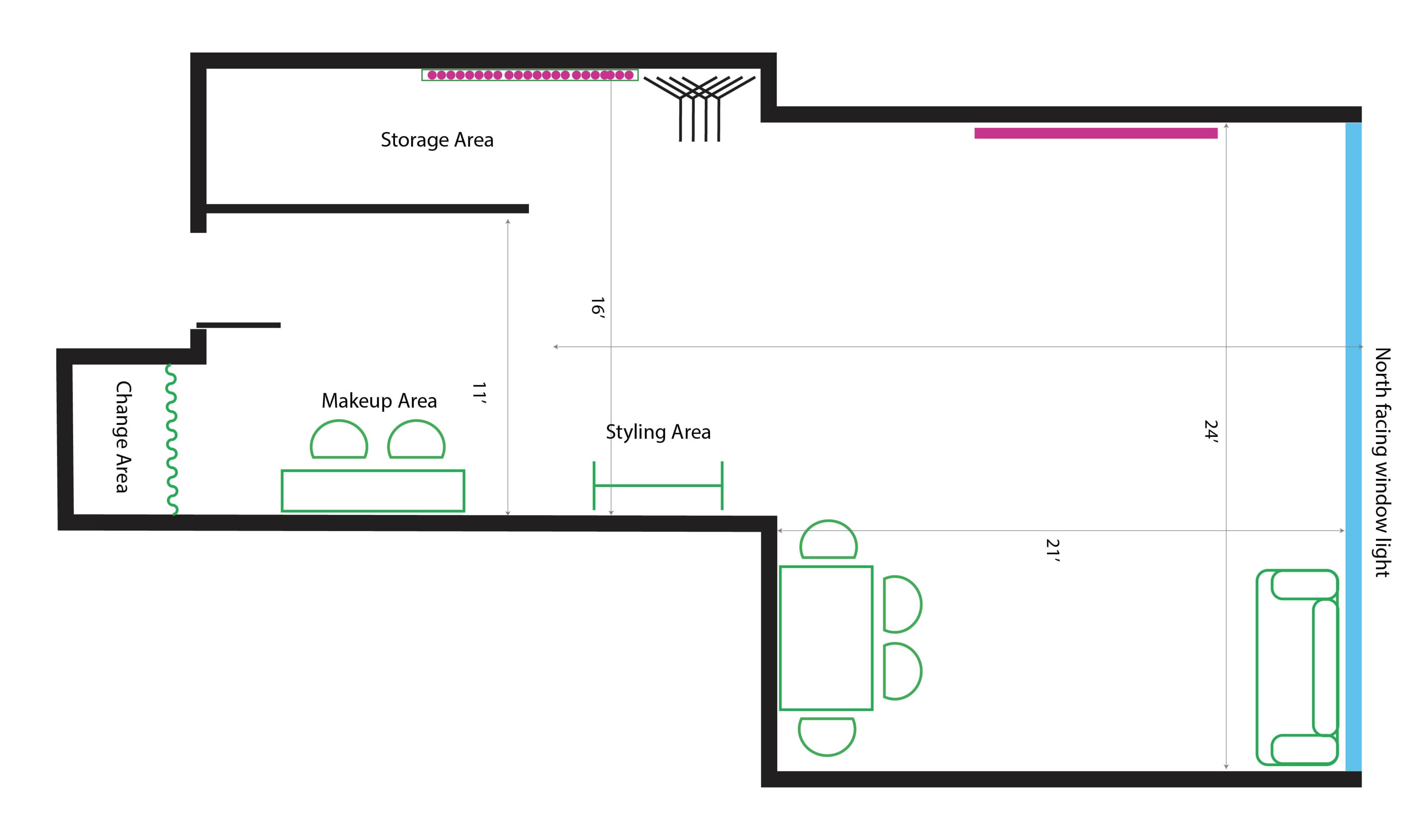 The floor plan illustrates a layout with designated areas for storage, makeup, styling, and a changing area, including a north-facing window for natural light.