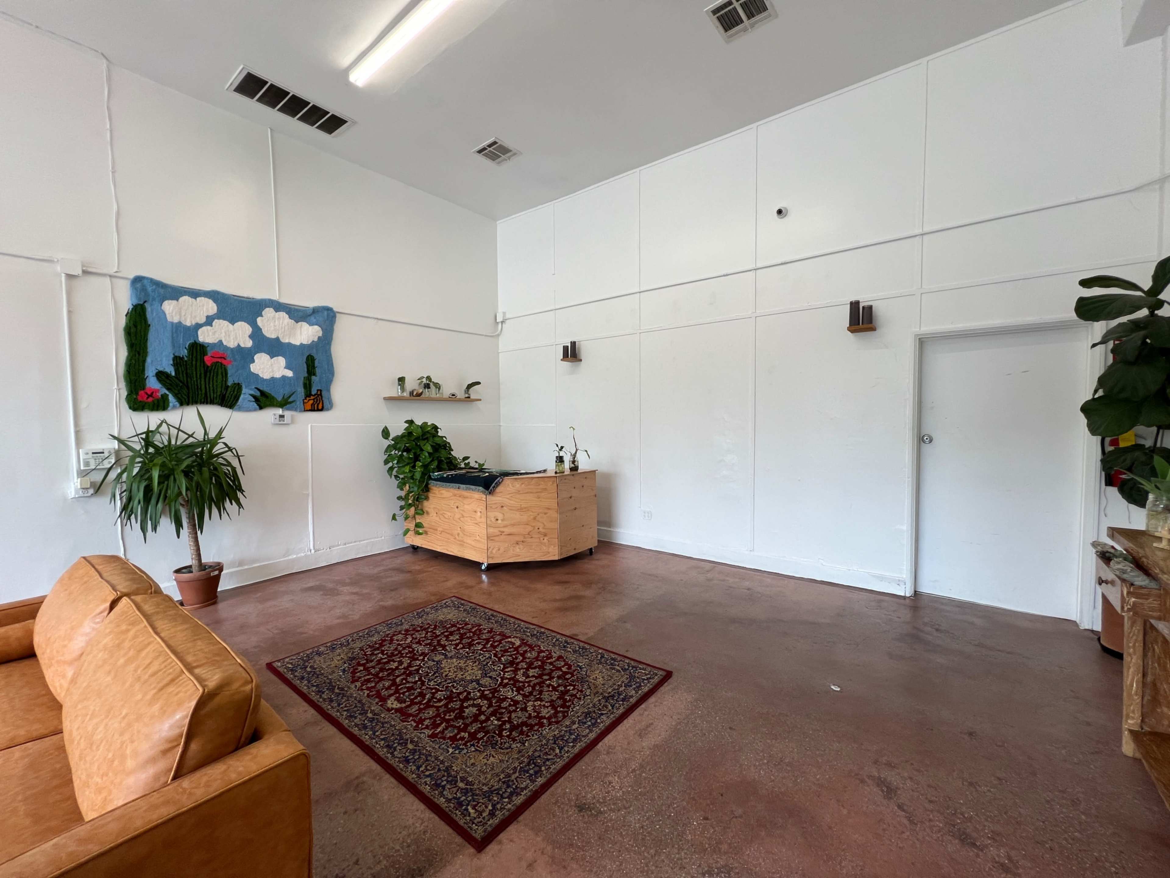 An empty room with a wooden reception desk, a plant, a rug, and a wall decorated with a textile hanging of a landscape.