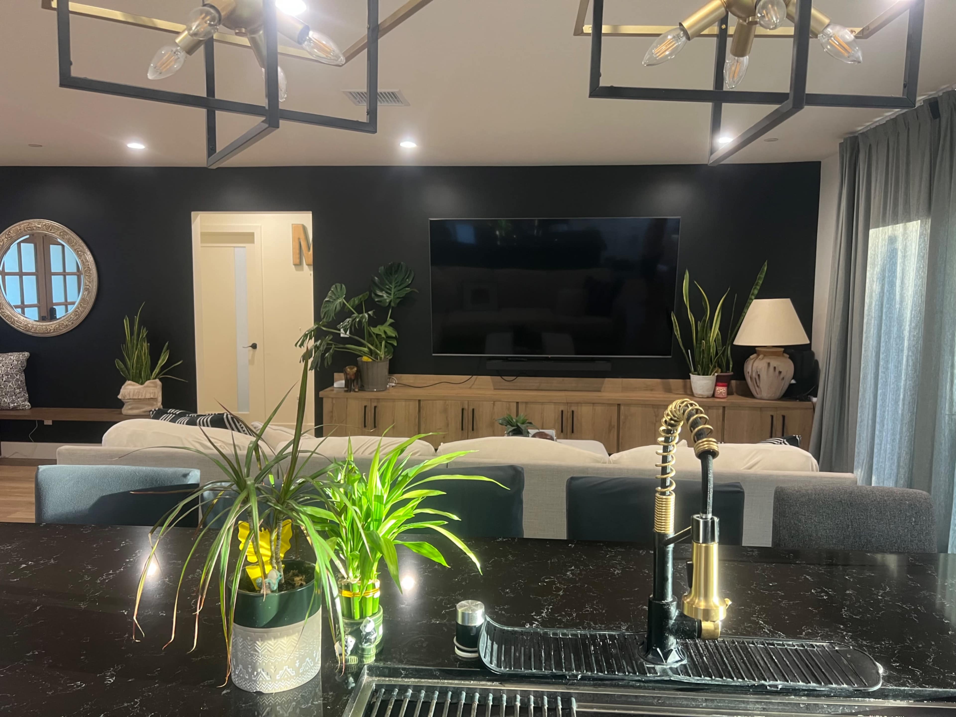 The image shows a modern living room with a television, plants, and a kitchen area featuring a dark countertop and a stylish faucet.