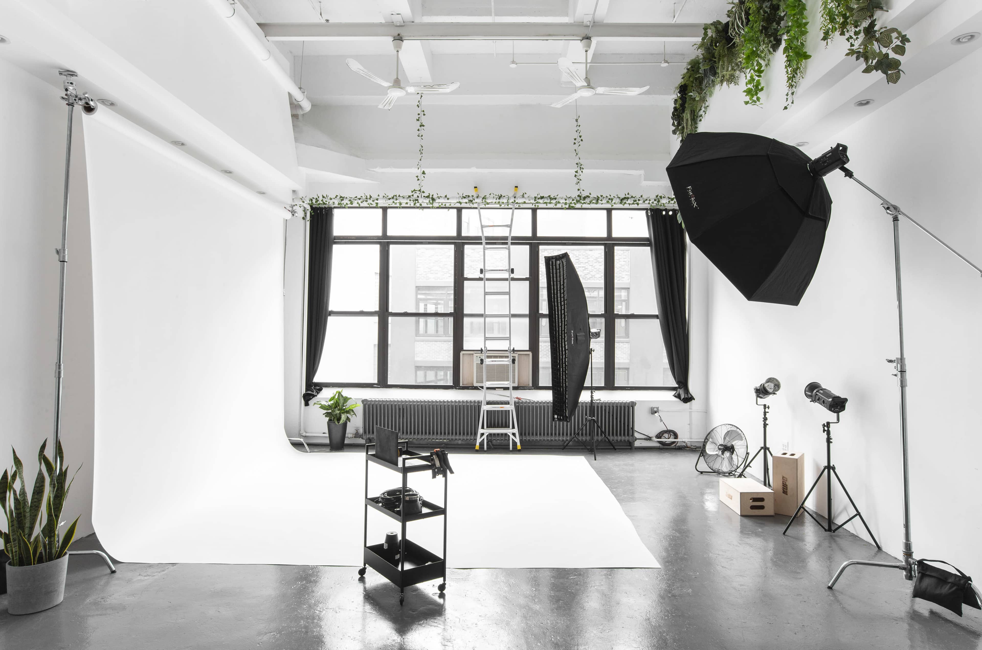 A photography studio with a white backdrop, lighting equipment, a ladder, and various props arranged in the space.