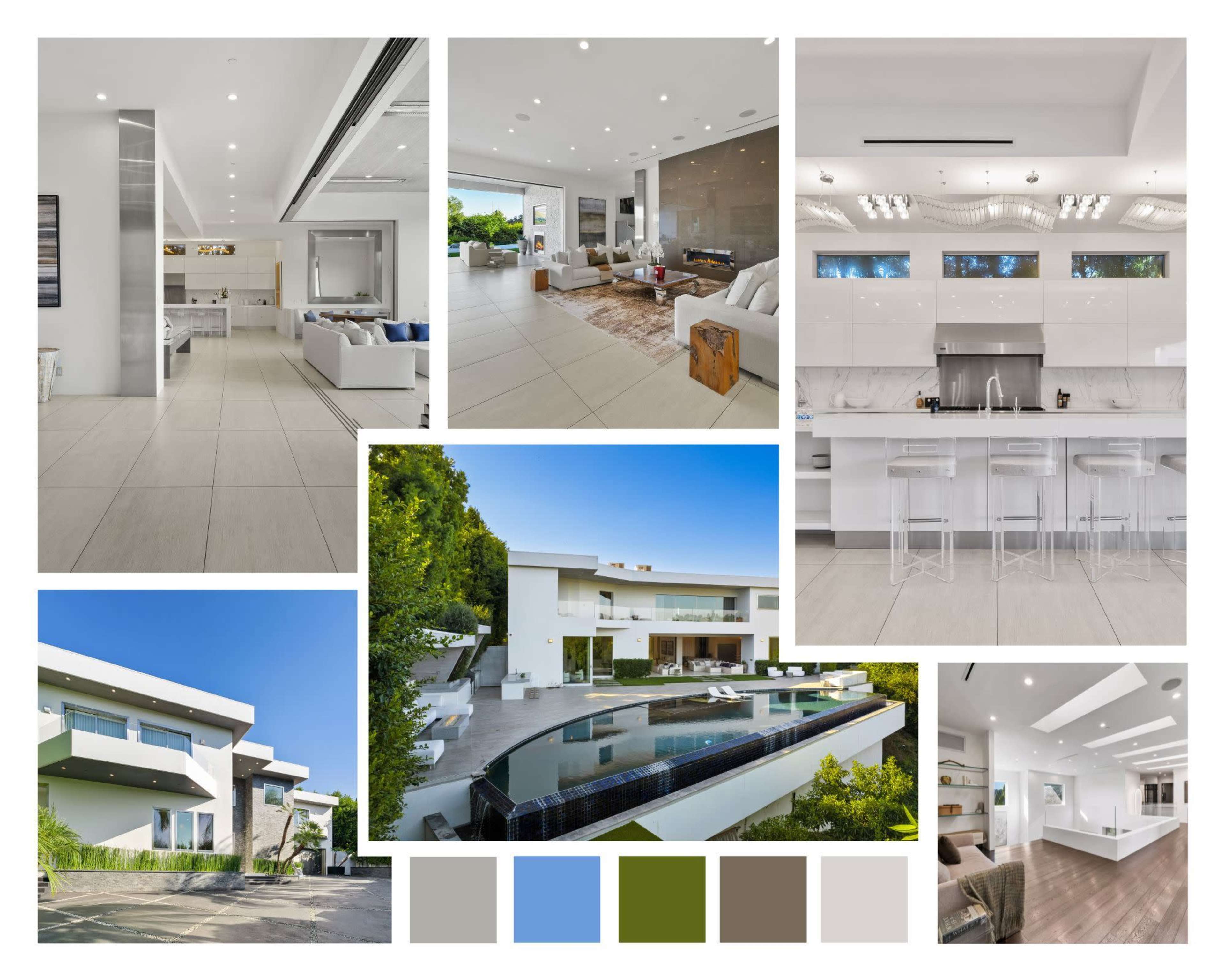 A modern, spacious home featuring an open-concept living area, a sleek kitchen with bar stools, and an outdoor pool surrounded by greenery.