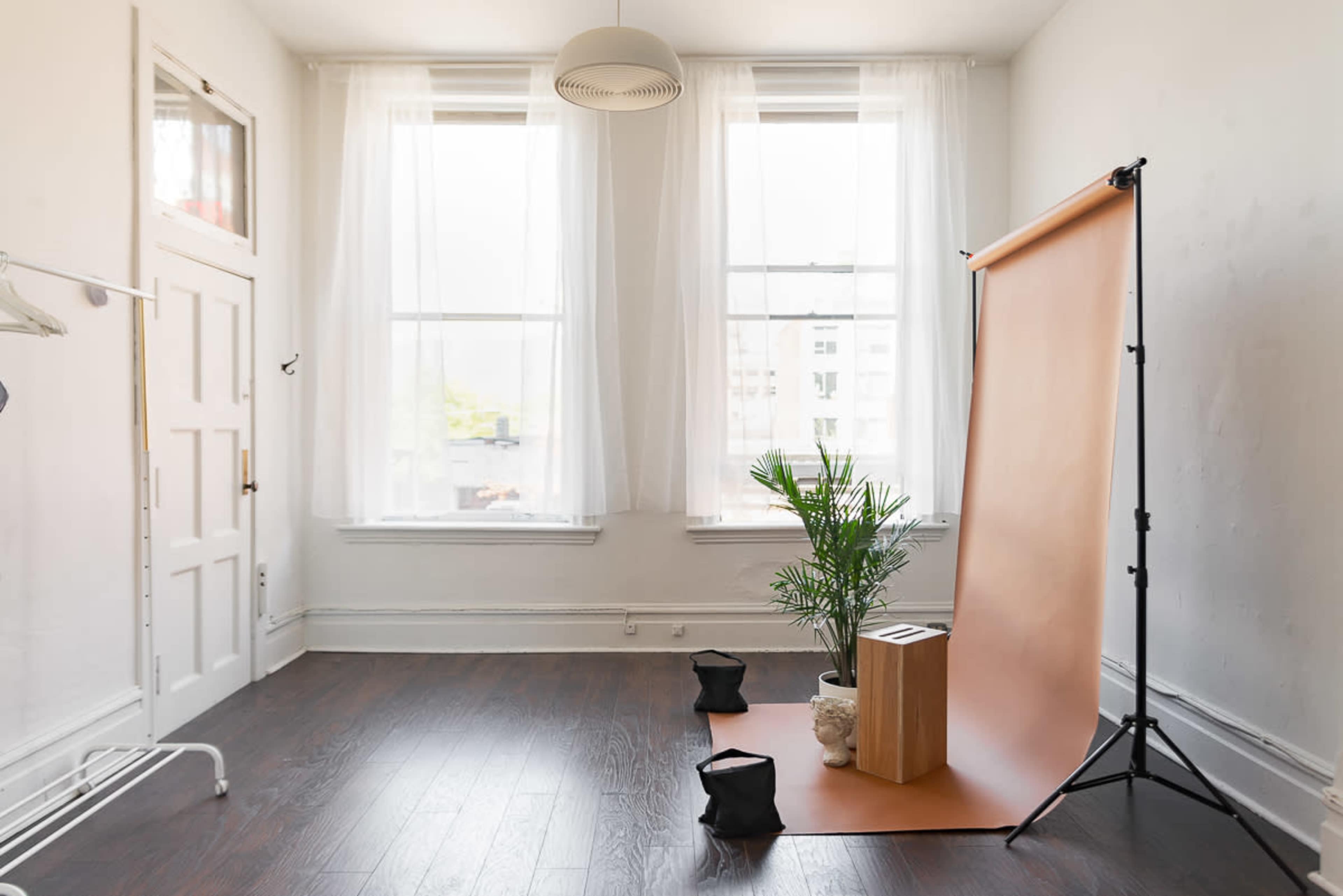 A bright room with large windows, featuring a tan backdrop, a potted plant, and a wooden pedestal on a wooden floor.